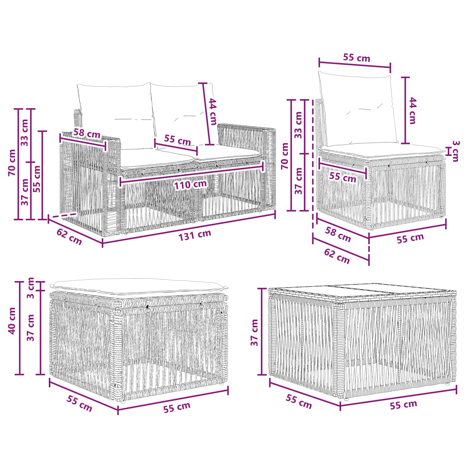 Ensemble de canapé de Jardin polyrotin Gris Gris foncé 8 pièces modulable, Coussins Polyester Amovibles et lavables pour terrasse Balcon Patio détente extérieure