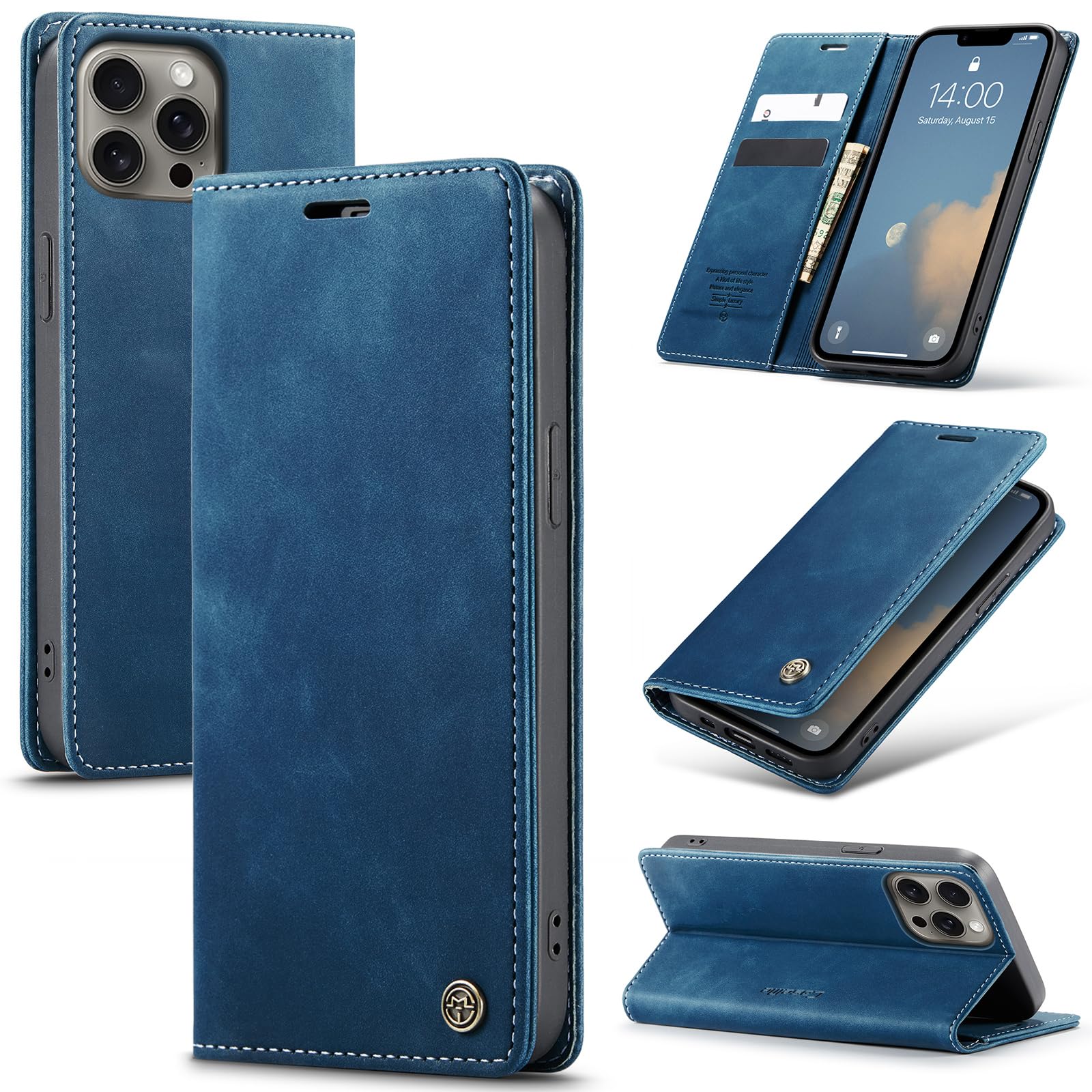 Azororo Cover per iPhone 15 Pro 5G, Premium PU Pelle Custodia, Magnetica Carta Fessura Portafoglio Case, Flip Cavalletto Custodia per iPhone 15 Pro - Blu