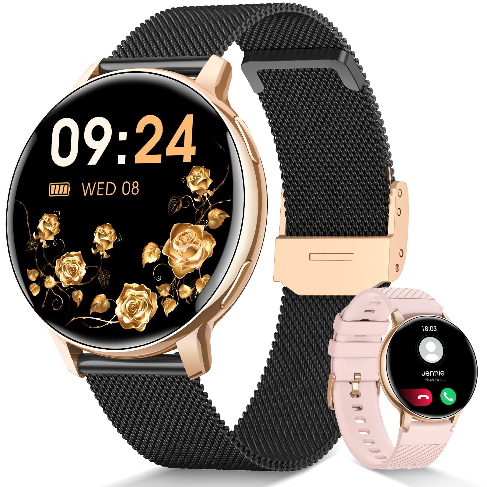 Reloj Inteligente Mujer, Smartwatch Mujer con Llamada 24H Pulsómetro, SpO2, Seguimiento del Periodo, 120+ Modo Deporte, Sueño, Podómetro IP68 Fitness Tracker iOS/Android, Regalo, Negro Oro