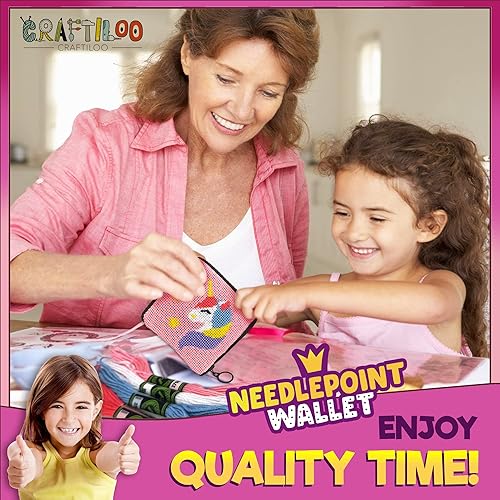 Miniatura 5 de Kit de cartera de bordado preimpreso para niños, juego de artes y manualidades de bordado, kit de punto de cruz y gancho de pestillo (Unicornio)