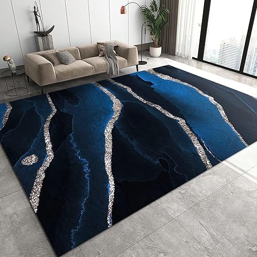 Alfombra de lujo con diseño de mármol azul marino, alfombra con estampado de líneas plateadas estrelladas negras, alfombra antideslizante para
