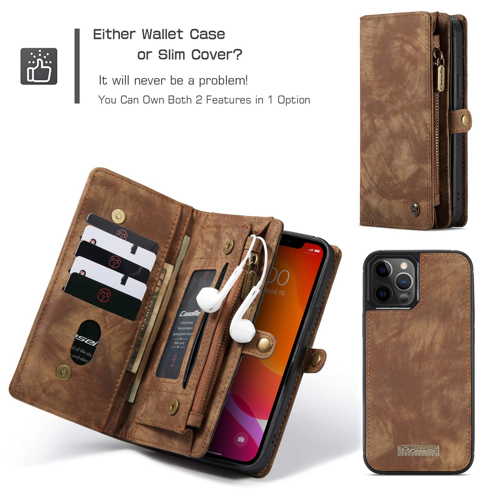 CaseMe per iPhone 12/iPhone 12 PRO Custodia, Retro Pelle Custodia Fatto a Mano Staccabile Flip Portafoglio Cerniera Custodia con Slot per schede e Magnetica Back Cover per iPhone 12/12 PRO (Blu