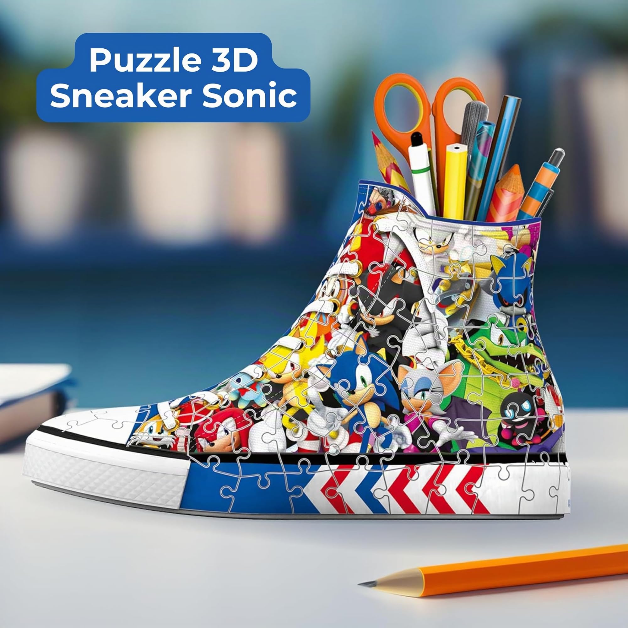 Ravensburger - Puzzle 3d Portapenne Sneaker Sonic | Puzzle 3d Bambini A Partire Dagli 8 Anni | Modellismo Da Costruire Bambini Di 108 Pezzi | Regalo Bambino 8 Anni E Più