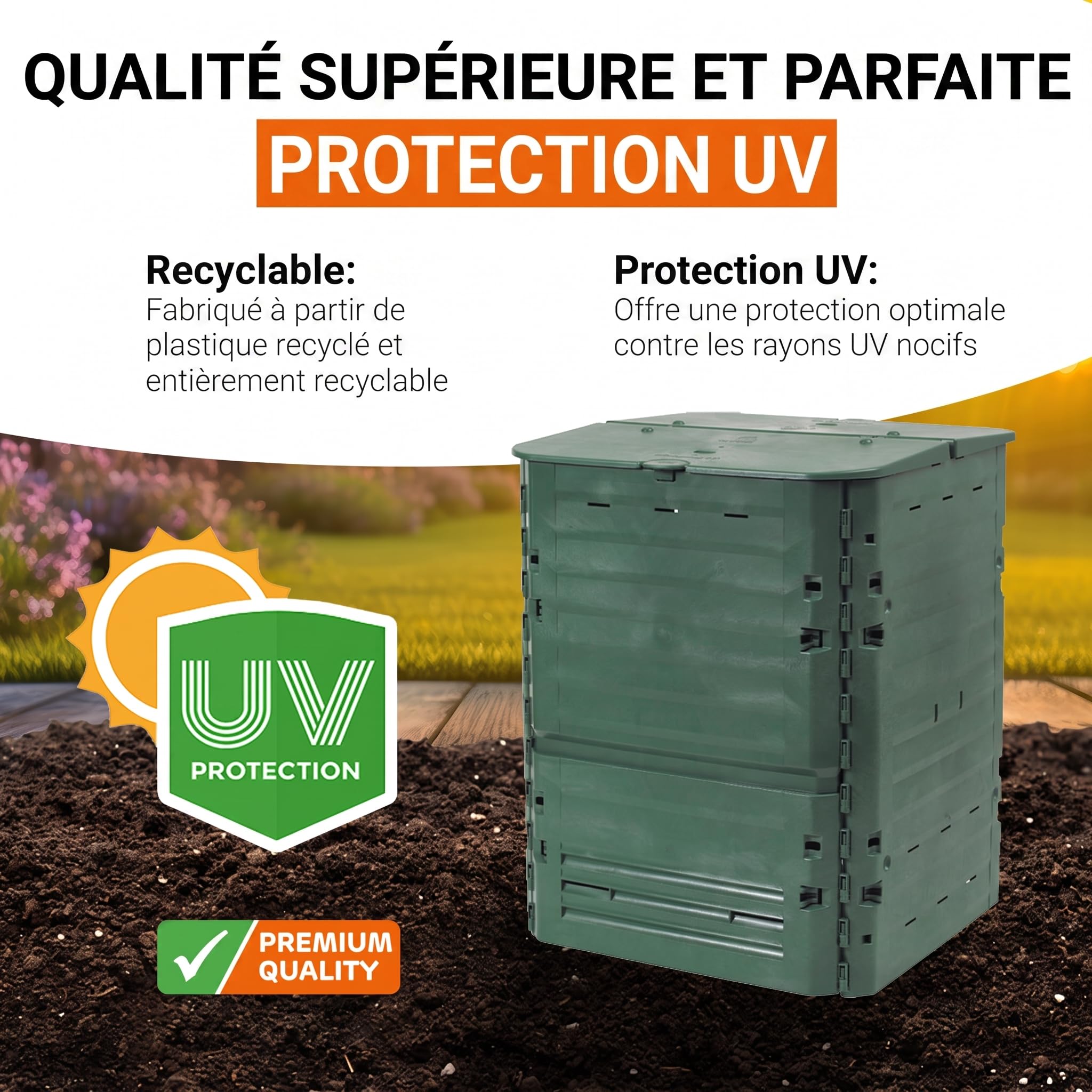 GARANTIA Thermo-King Composteur de Jardin 900L Vert – Bac à Compost extérieur Robuste – Composteur Grande capacité pour déchets organiques – Bacs à Compost Pratiques pour Potager et Jardin