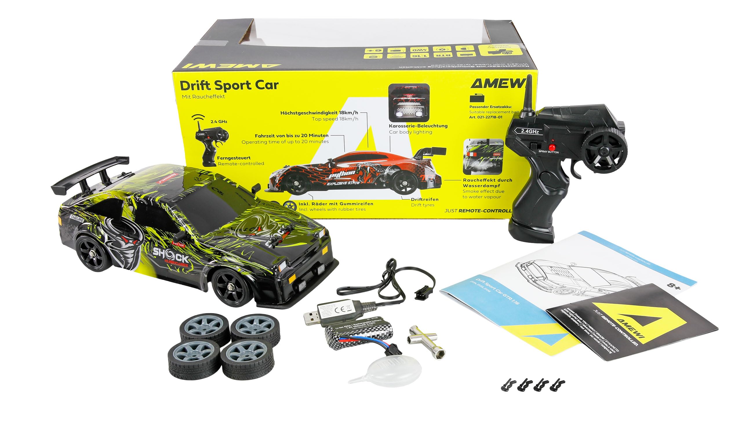Zdalnie sterowany Drift Sport Car S12 z efektem dymu 4WD 1:16 RTR żółty dzieci od 6 lat