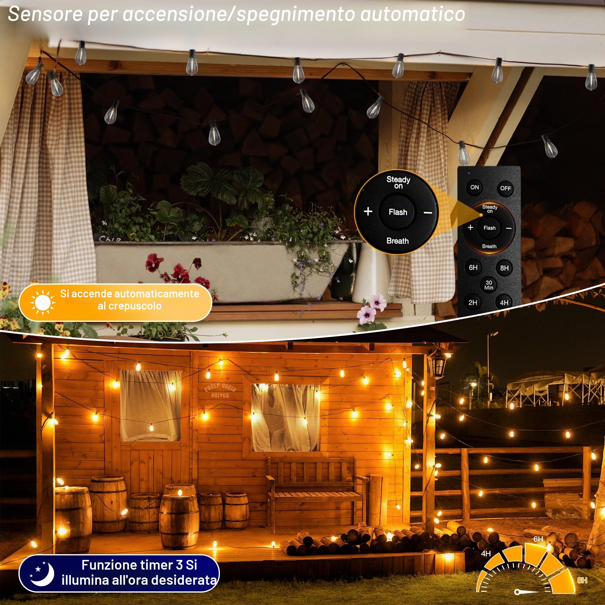 Ollny Ghirlanda di luci solari per esterni, 30 m, 35 + 2 lampadine LED, illuminazione solare S11 con telecomando, 3 modalità, funzione timer, impermeabile IP65, per giardino, balcone, campeggio