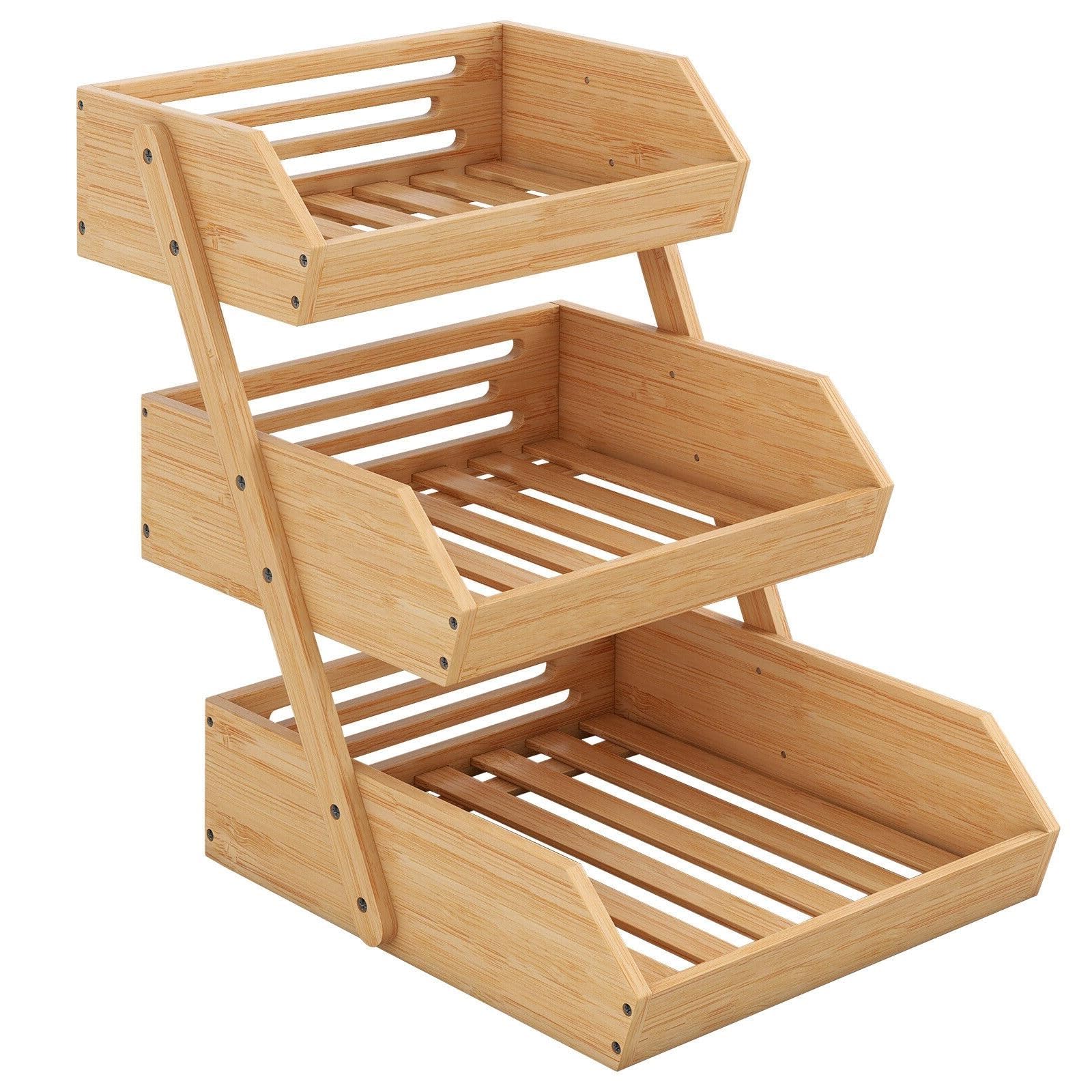 Crownshop Wood Color 3-Tier Bamboo Fruits Basket Fruits Bowl Holder Bread Basket Vegetable Fruits Holder Organiser For Kitchen Home Decorative Storage