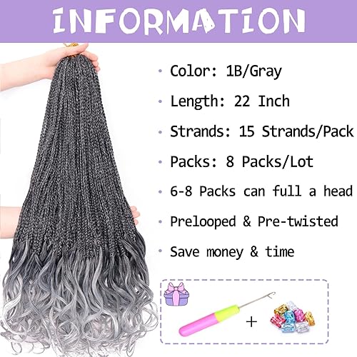 Miniatura 4 de Trenzas de ganchillo rizadas francesas de 22 pulgadas, 8 paquetes, trenzas de caja diosa grises para mujeres, de ganchillo pre-trenzadas con