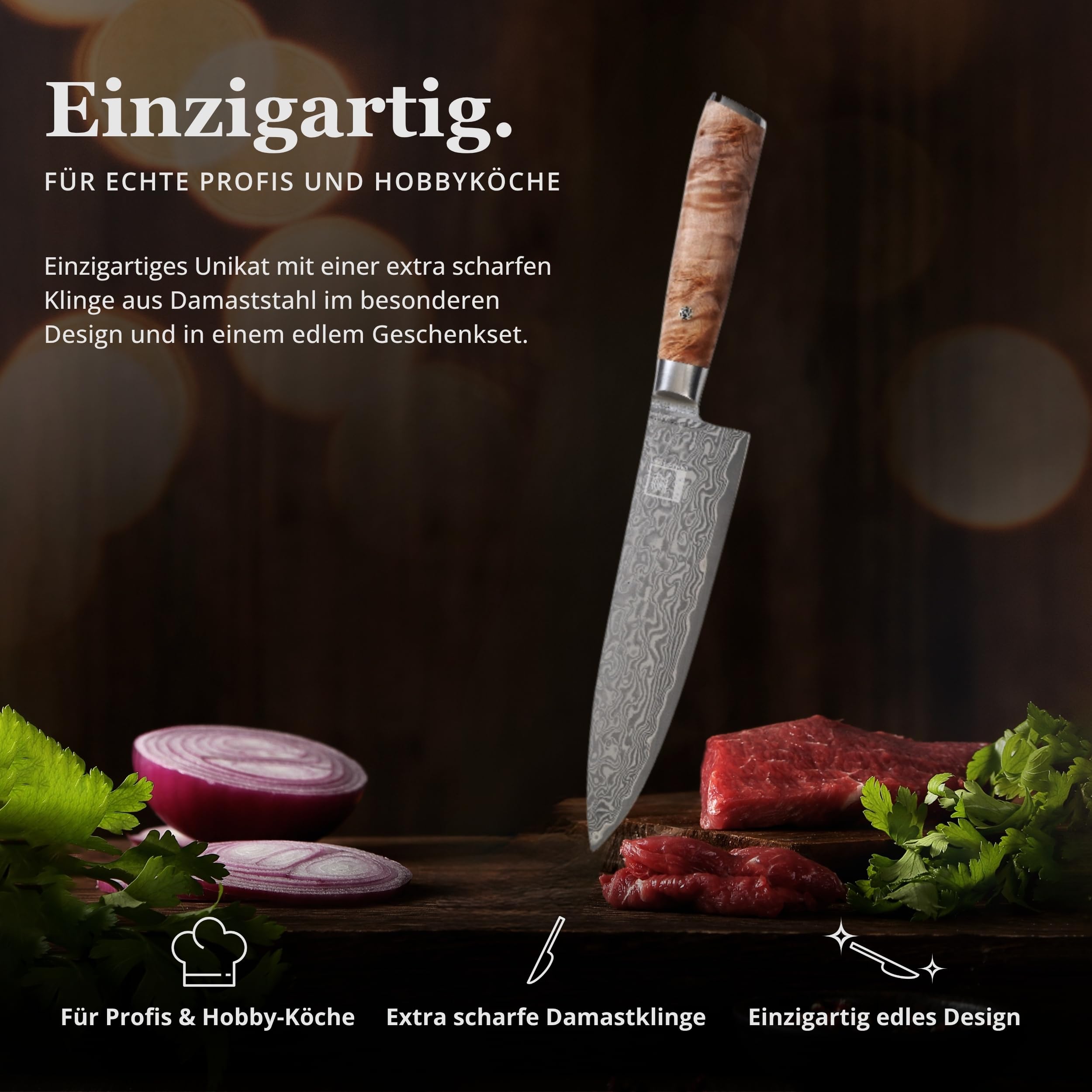 zayiko Kinone Premium Chefmesser mit 20 cm Klinge gefertigt aus 67 Lagen echtem Damaststahl mit Wurzelholzgriff Birke I Damastmesser Küchenmesser und Profi Kochmesser