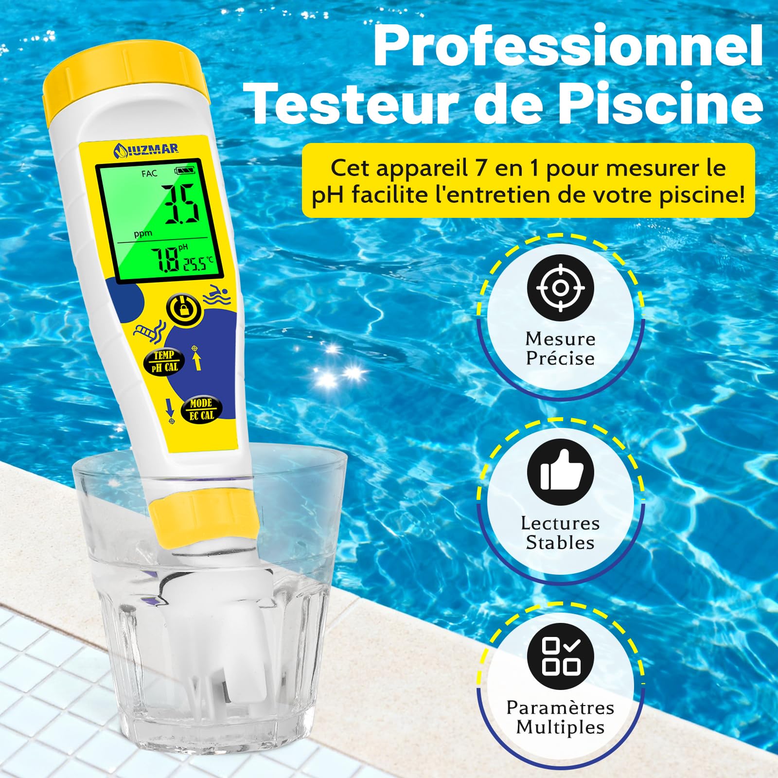 UIUZMAR Testeur de Chlore et de pH pour Piscine, pH Mètre et Salimètre pour Eau Salée Affichage Simultané du pH,Sel Temp Appareil de Mesure 7 en 1 pour Hydroponique, Eau, Aquarium