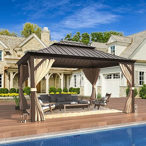 MELLCOM 10' x 12' Hardtop Gazebo, Galvanized Steel Metal Double Roof Aluminum Gazebo with Curtains and Netting, Brown Permanent Pavilion Gazebo with Aluminum Frame for Patios, Gardens, Lawns