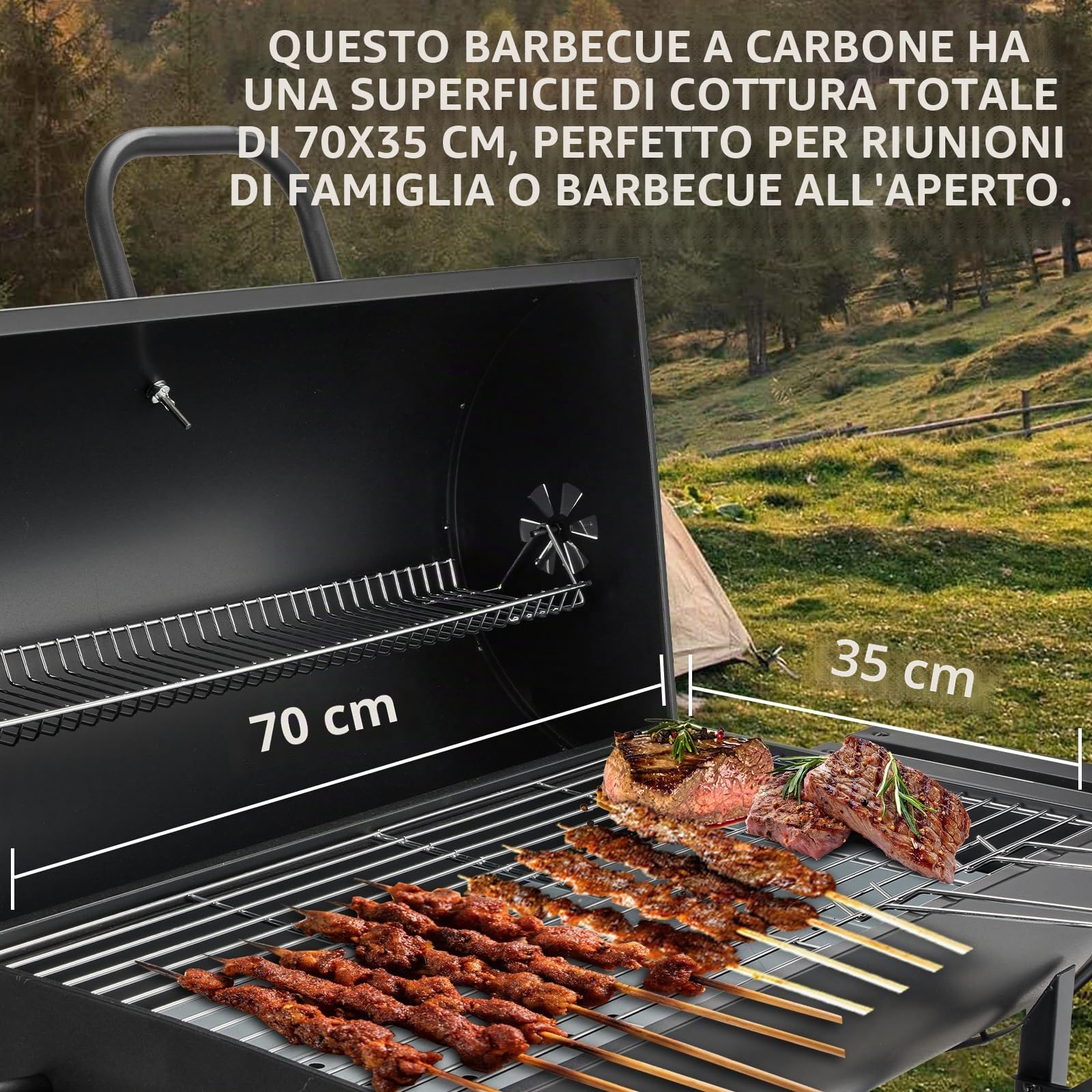 TEENO Carrello per barbecue in legno,Grill XXL a carbone con coperchio, termometro,Cassetto per cenere,Guanti antiscottature, Svento regolabile,Grande barbecue al carbone di legna (Basic)