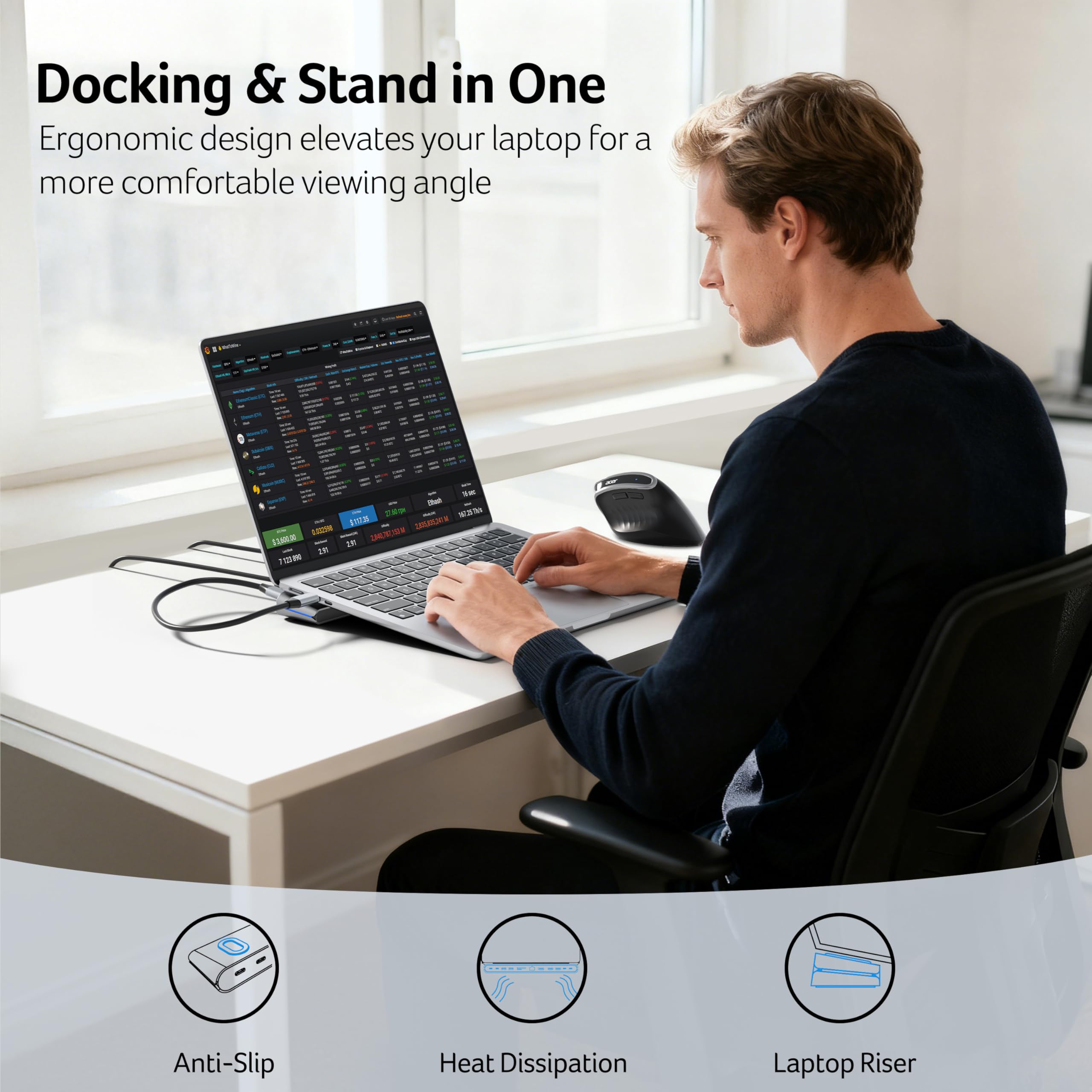 Acer Docking Station 3 Monitors, 11-in-1 Laptop Docking Station Stand with DP 8K + Dual HDMI 4K@60Hz, Ethernet, 10Gbps Data, 100W PD, SD/TF, USB C Dock with Detachable Cable for Acer/Dell/Mac/HP — view 5