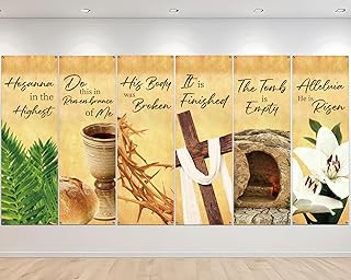 6Pcs Easter Church Banners for Sanctuary Wall Vintage Easter Christian Banner with Scripture He is Risen Bible Verse Religious Praise Hanging Signs Backdrop for Sunday School Church Event Decor
