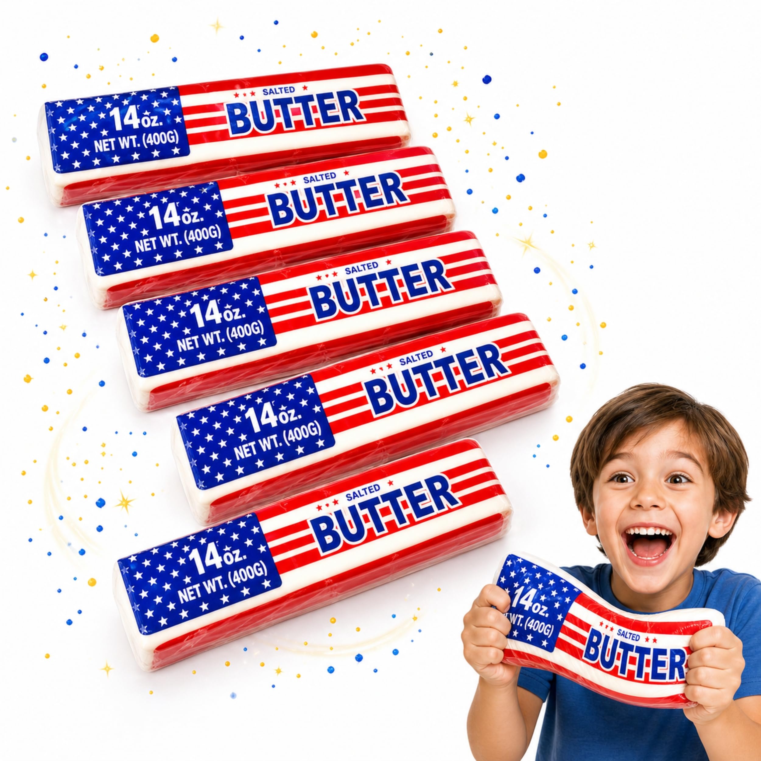 SGM Butter Squishy USA Flag, Pack of 6 Jumbo 9.45in Slow Rise Salted Butter Stick Fidget Toys, Individually Wrapped Sensory Stress Relief Squishy for Kids, Party Bag Filler, Ages 3+ BBU-7265