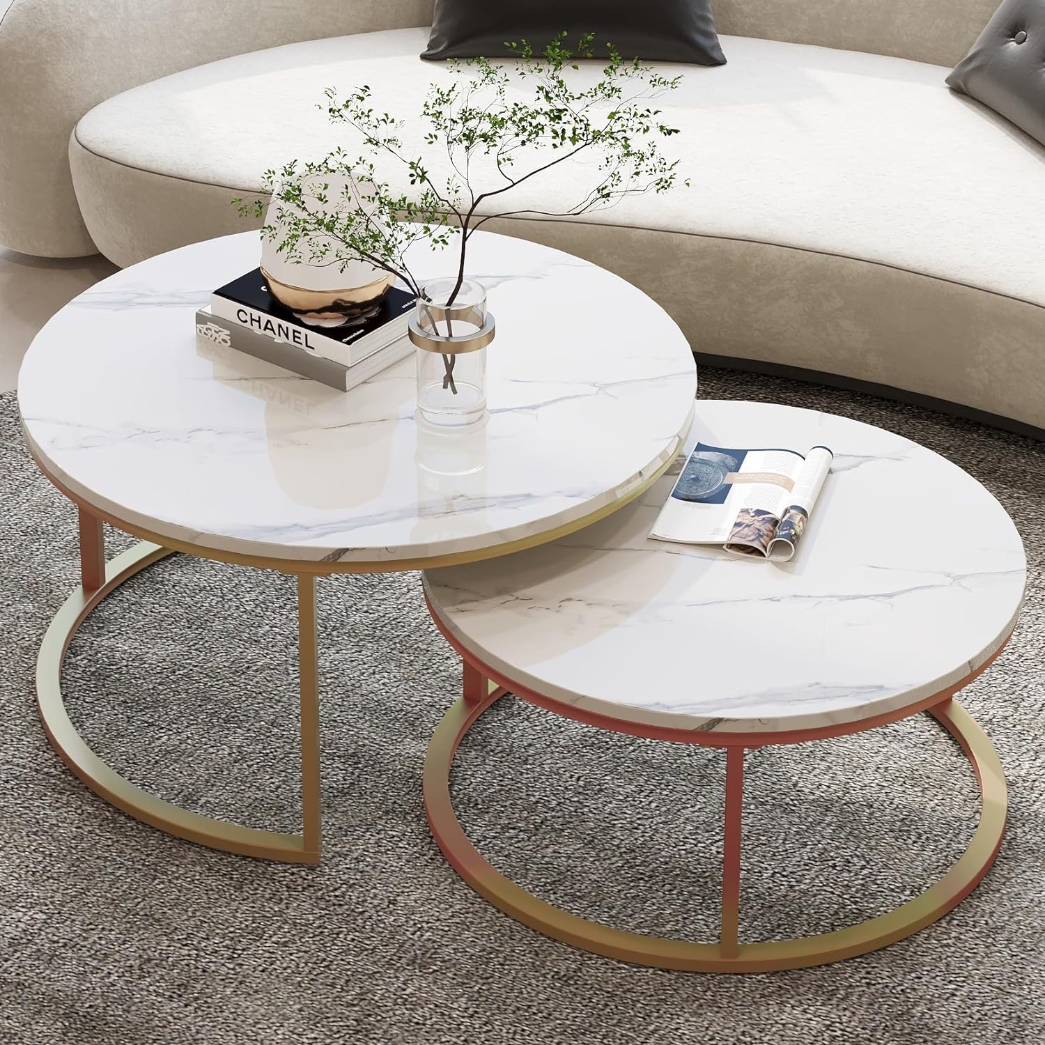 ObalTure Modern Nesting Coffee Table Set of 2, Round Accent Coffee Table with Faux Marble Pattern Wood Top & Gold Metal Frame for Living Room Office Balcony Gold & White (B0CNZHQ6JG) Amazon Price History, Amazon Price Tracker