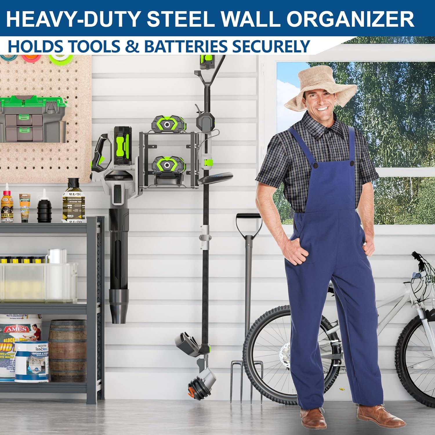 Pugala Universal Storage Rack for Leaf Blower, Weed Eater, and Power Tools – Adjustable Wall Mount Organizer with Heavy-Duty Steel, Powder-Coated Finish, and Battery Storage – Black