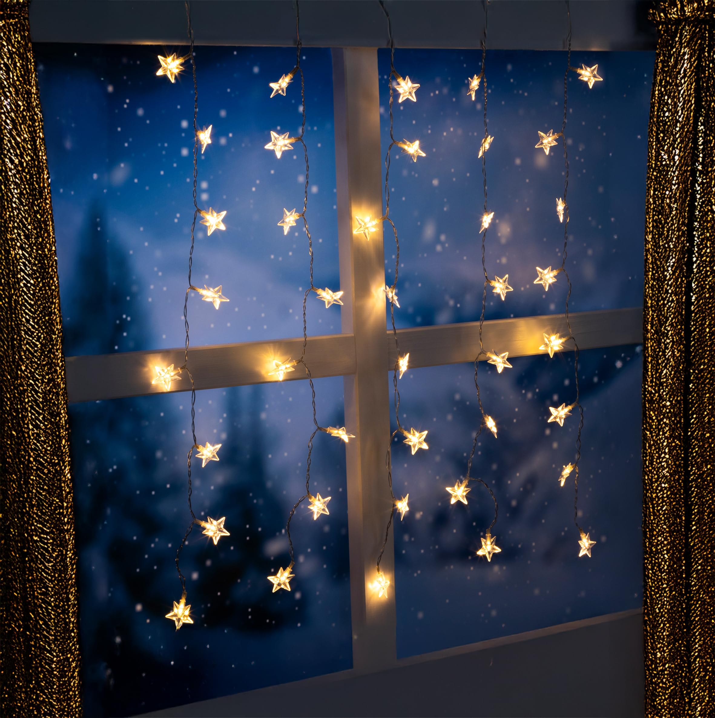 Cortina de estrellas LED blanca cálida con temporizador para interior y exterior – 80 x 60 cm – Cadena de luces con 40 estrellas funciona con pilas – Navidad Adviento exterior estrella guirnalda