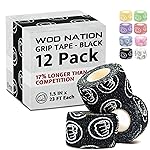 WOD Nation Hook Grip Tape - Athletic Tape for Thumbs & Fingers - Flexible Strips for Powerlifting Workouts - Easy-Tear Strips for Weightlifting Grips - Pack of 12, 23 ft Rolls, Black