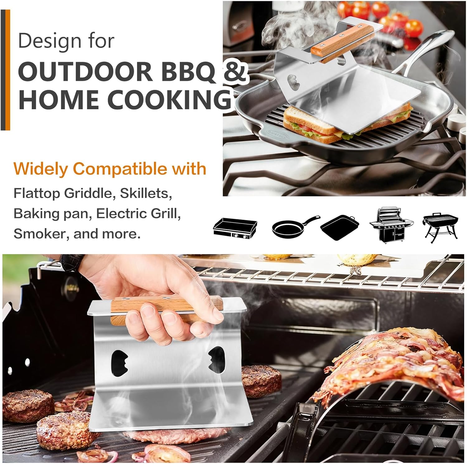 Joyfair Kettle Charcoal Grill (18 Inch) & 5.8’’ Smash Burger Press, Outdoor Barbecue Grill with Hamburger Smasher Steak Weight Tool, Portable Round Smoker with Wheels, Meat Press for Blackstone Grill