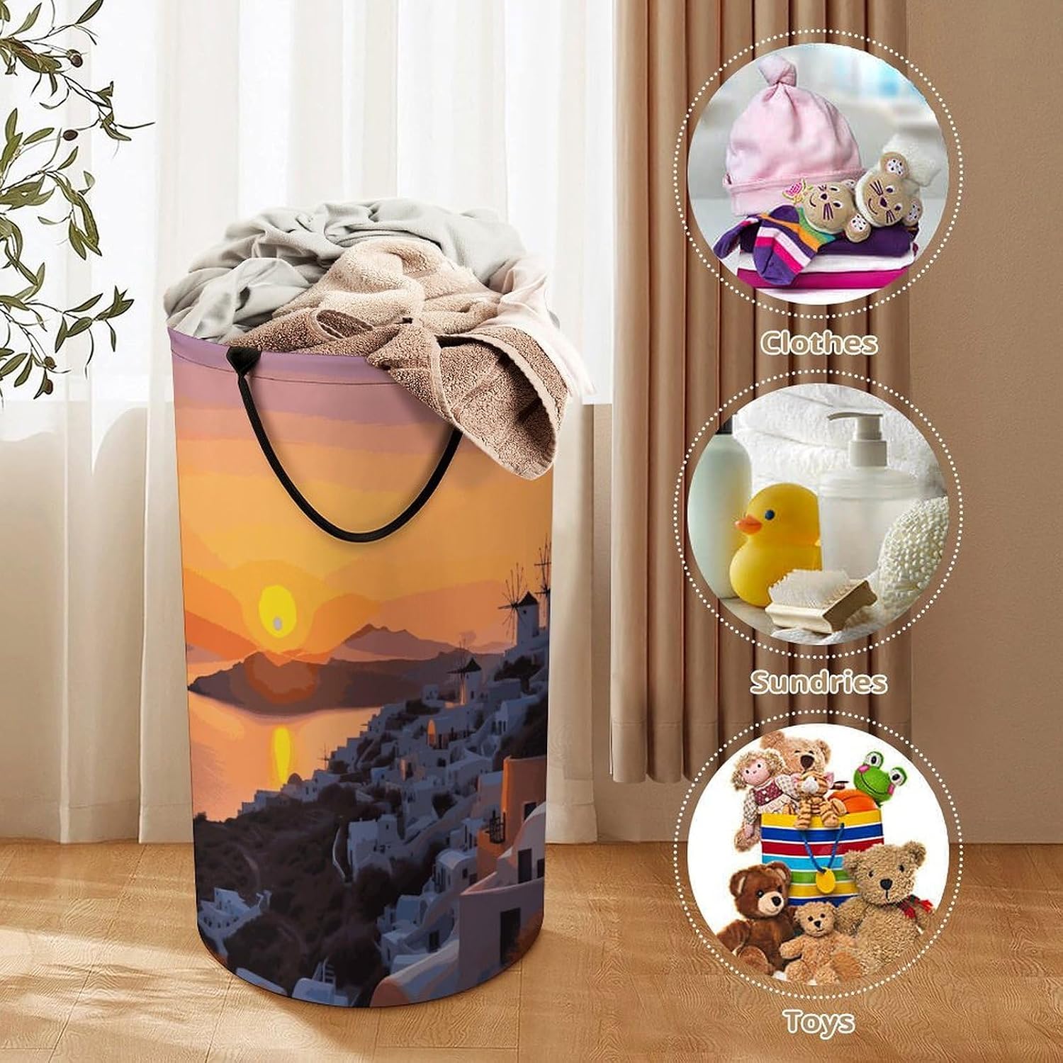 Greece Island Sunset Landscape Laundry Basket Dirty Clothes Bin, Waterproof Laundry Hamper, Laundry Bag, Clothes Hamper Stands for Bedroom, Towels,Clothings image 3