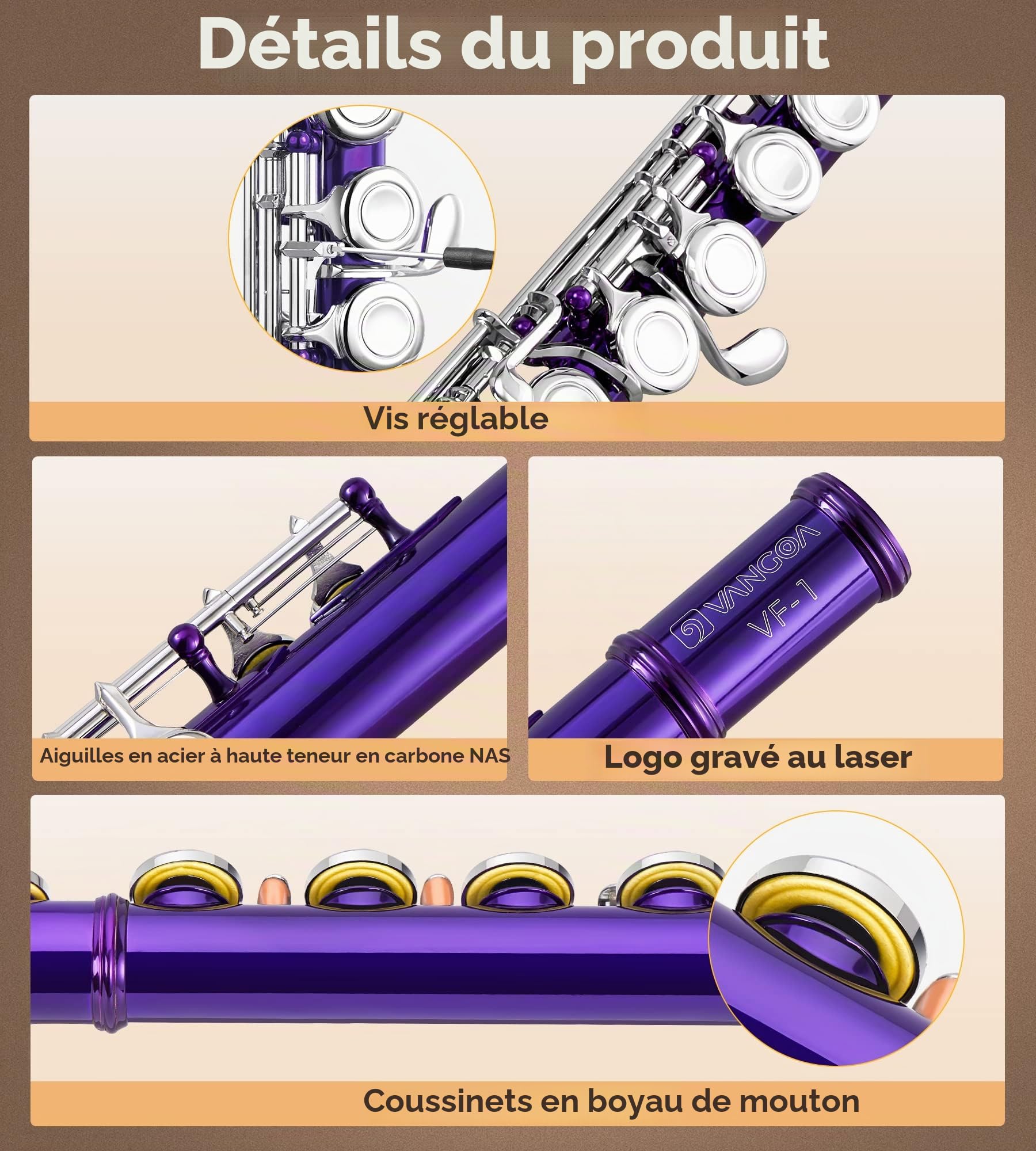 Vangoa Flûte Fermé Trou C Flûte 16 Touches avec étui rigide, support, tiges de nettoyage, gants et kit de nettoyage,Violet