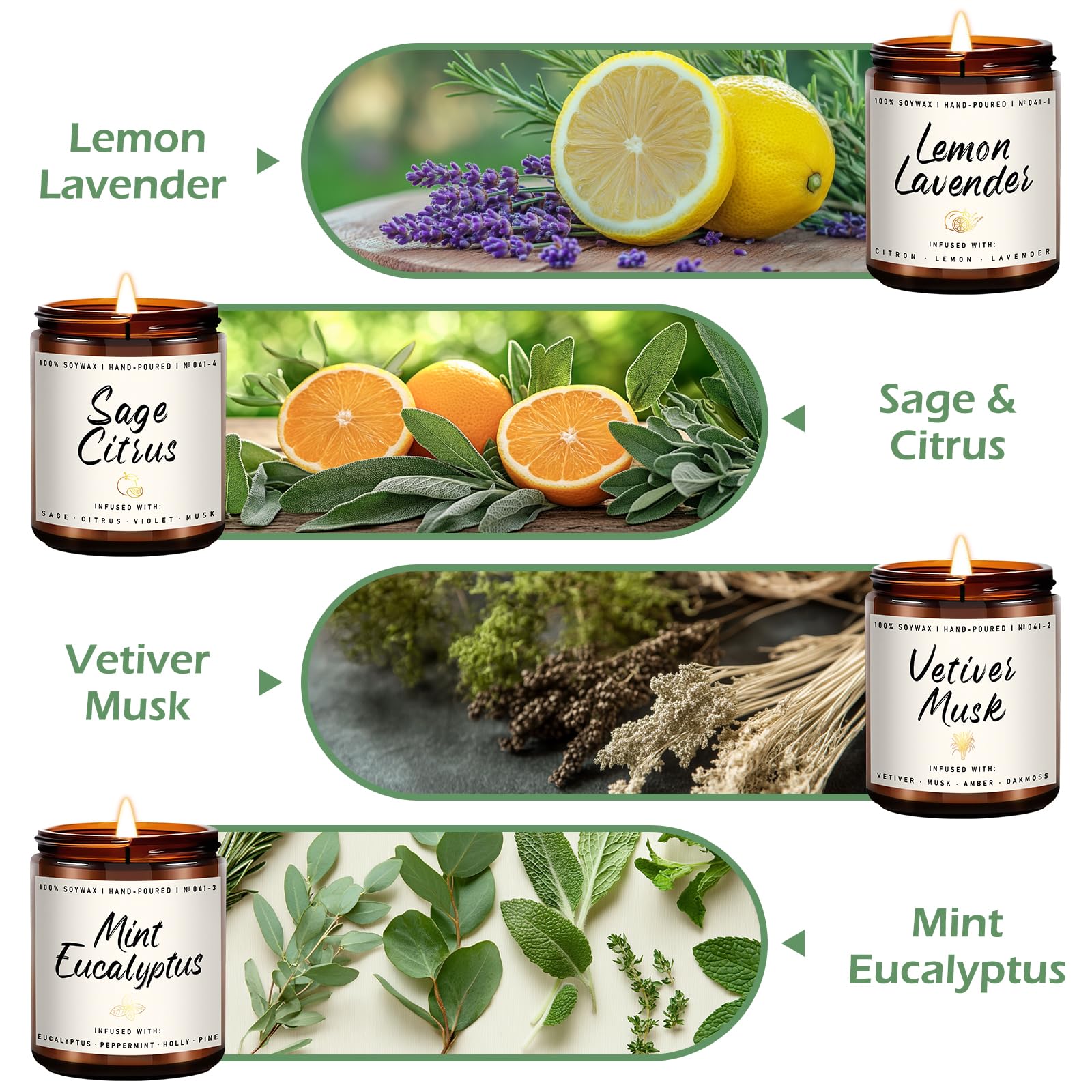 Duftkerzen-Set | Duftkerze für Zuhause – 4 Stück Kerzengeschenke, Sojakerzen für Zuhause – Aromatherapie-Geschenk von Minze, Eukalyptus, Zitrone, Lavendel, Salbei, Zitrus, Vetiver Moschus