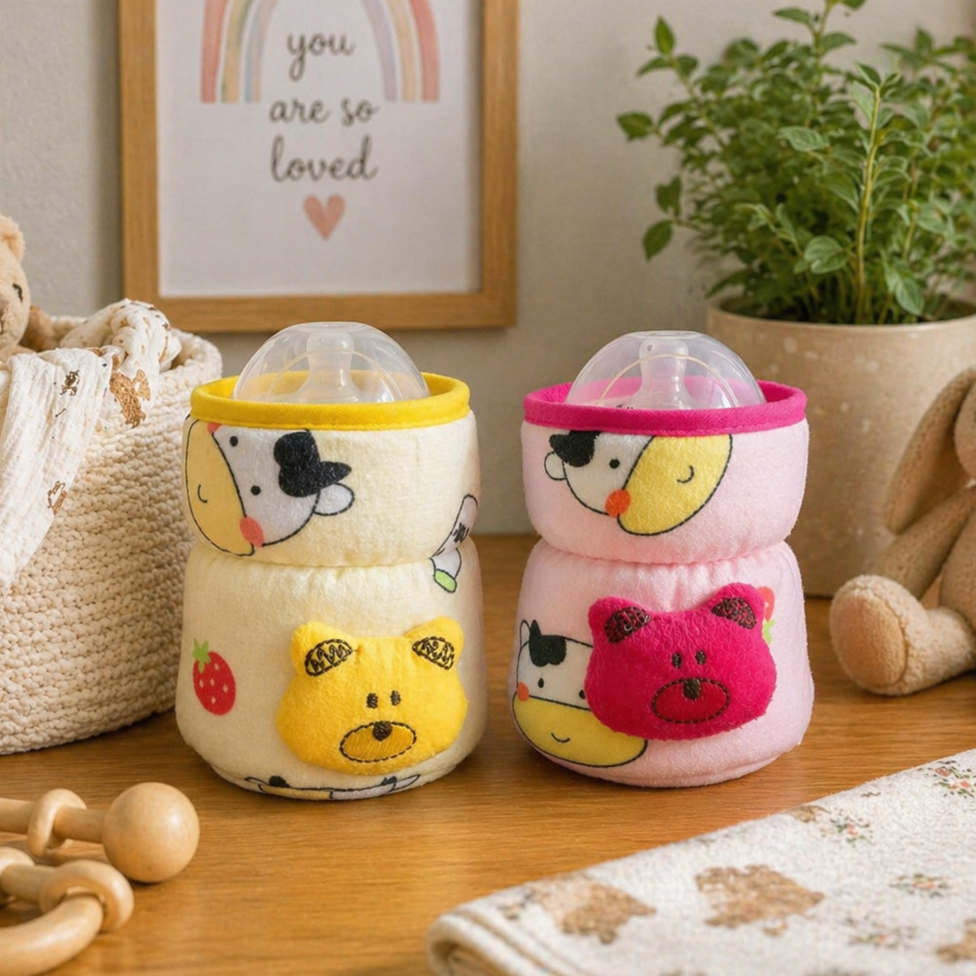 THE LITTLE LOOKERS Soft Plush Stretchable Baby Feeding Bottle Cover with Easy to Hold Strap | Cute Animated Overall Print Pack of 2 (Pink & Yellow, Wide Neck 125ml/4oz) Cartoon Print May Very-picture-14