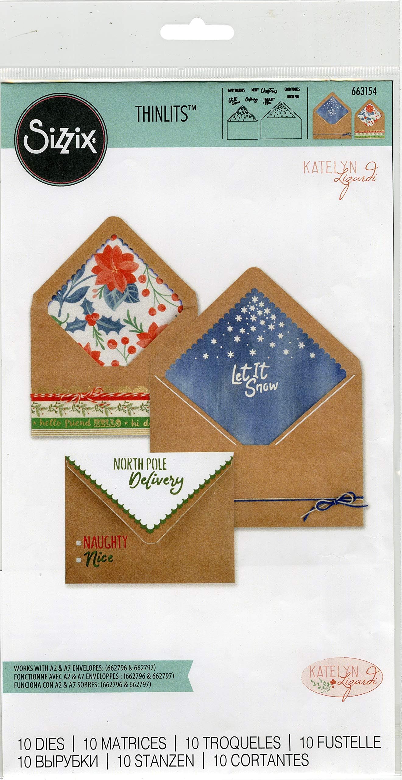 Sizzix Framelits Die Set Envelope Liners, A2 & A7, Christmas by Katelyn Lizardi (10-Pack), Multicolor
