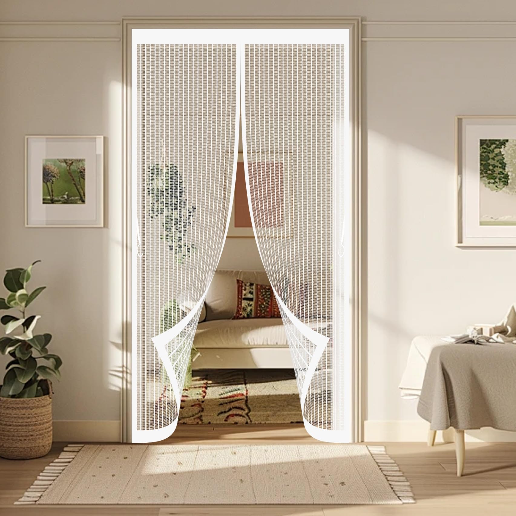 Door Fly Screen Curtain 120 x 220 cm Powerful Magnets, No Drill Installation, Automatically Closes, for Keeping Out Flies & Bug Thermal Door Curtain Magnetic for Patio Doors Bedroom, White