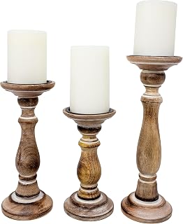 Boston Warehouse Carved Distressed Wood Set of 3 Pillar Candle Holders