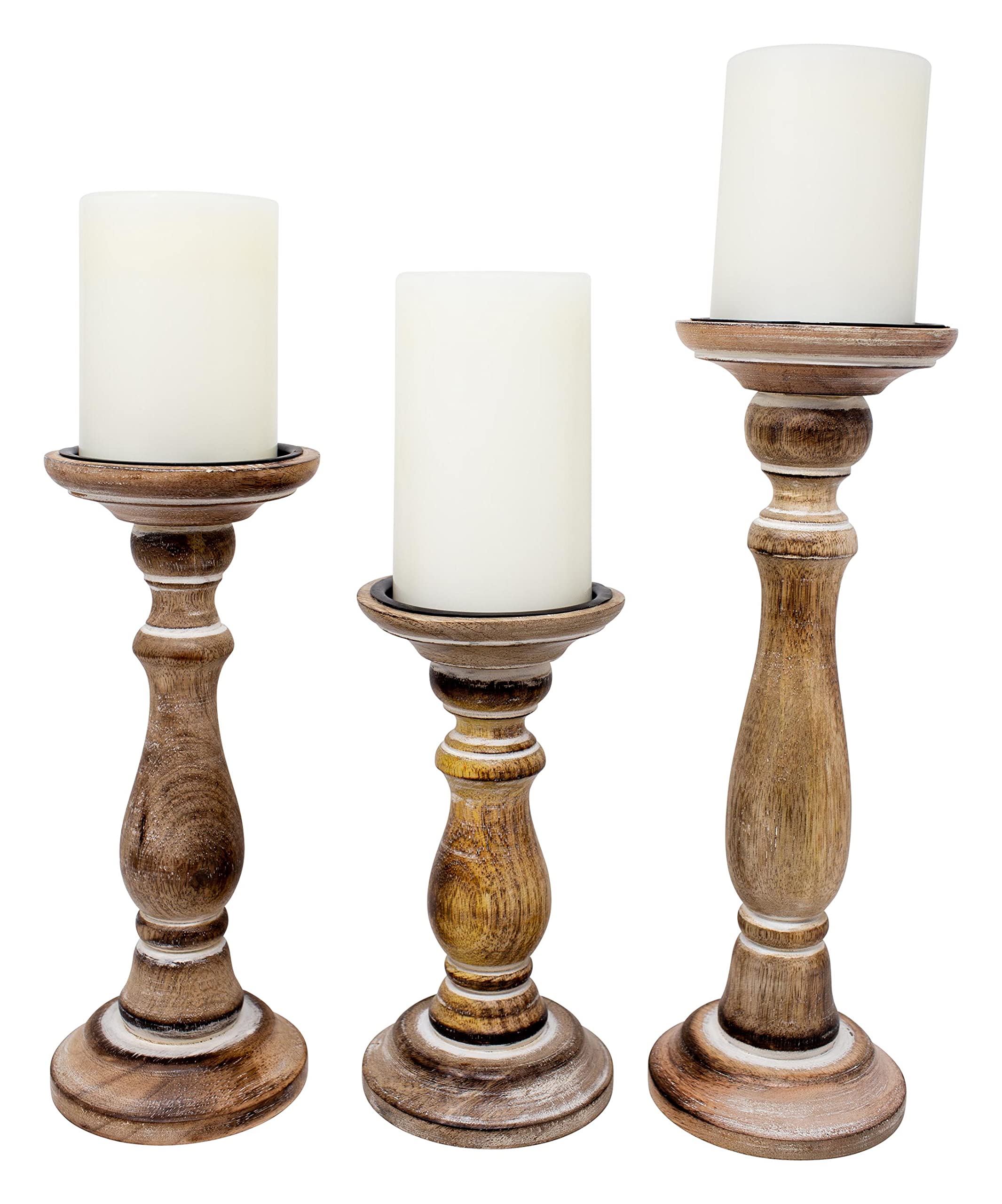 Boston WarehouseNatural Wood Pillar Candle Holder, 3 Piece Set, Smooth Whitewash