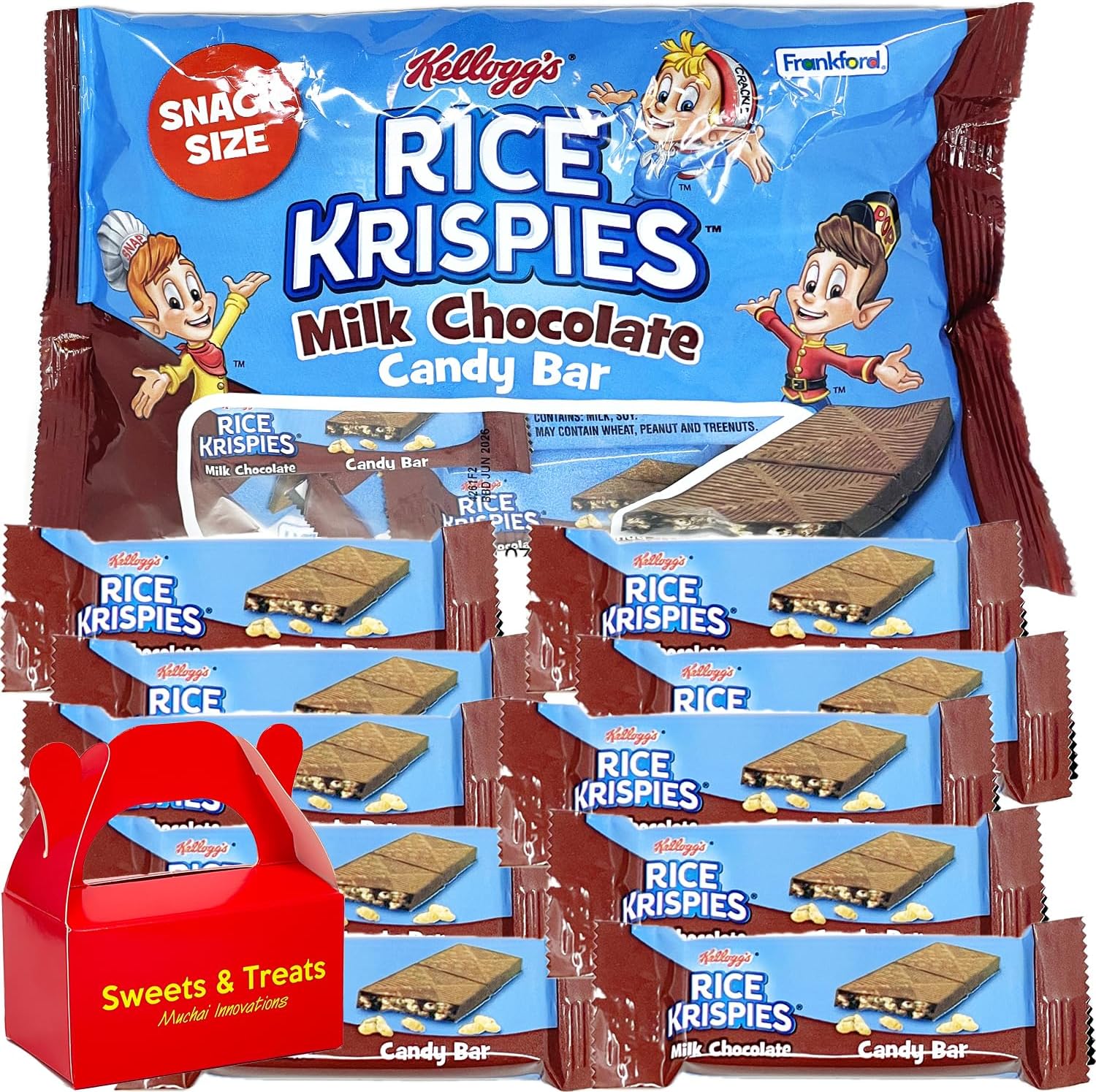 Rice Crispy Candy | Milk Chocolate Candy Bars - Individually Wrapped Snack Size Treat | Classroom Friendship Exchange Gift Party Favors | MUCHAI Box Included