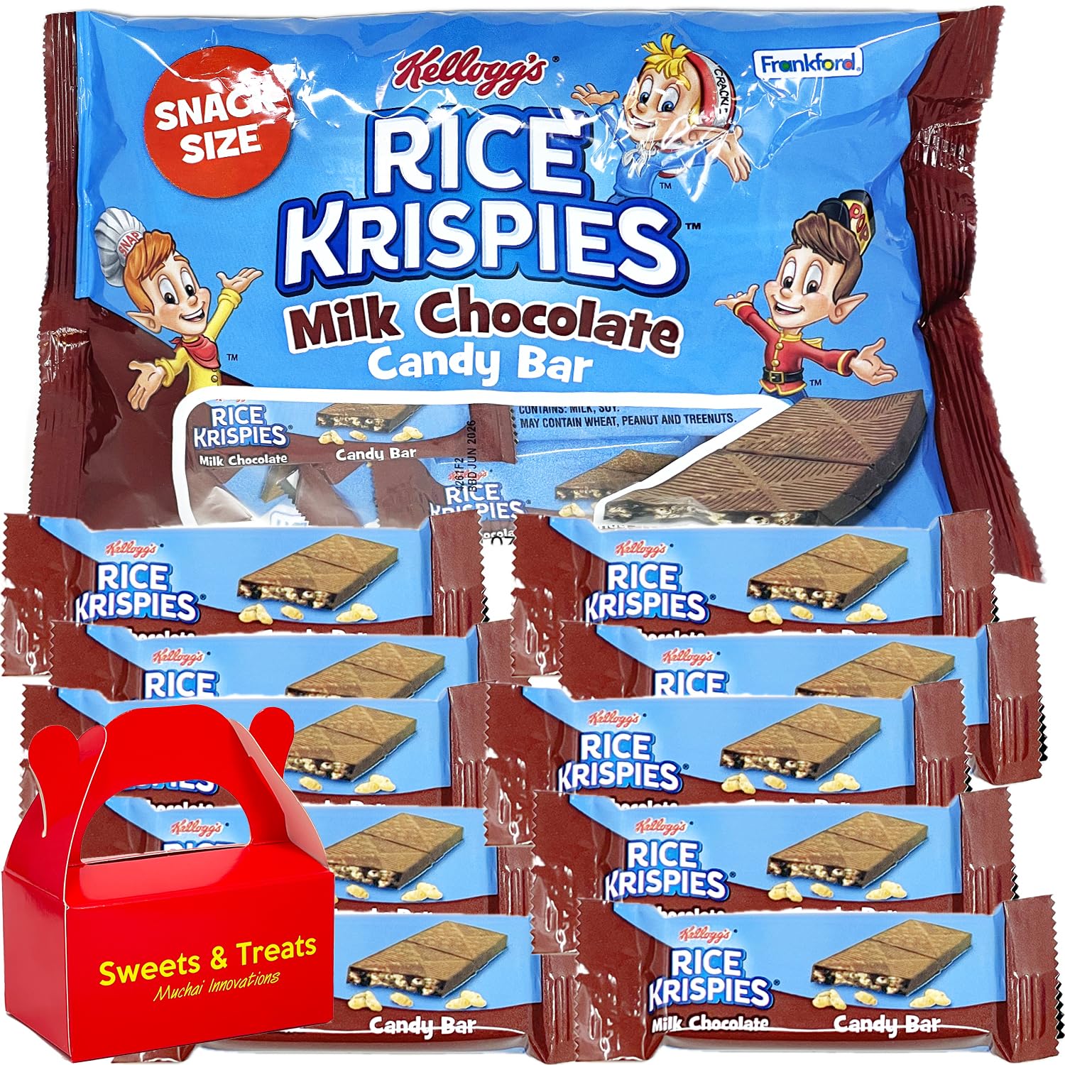 Rice Crispy Candy | Milk Chocolate Candy Bars - Individually Wrapped Snack Size Treat | Classroom Friendship Exchange Gift Party Favors | MUCHAI Box Included