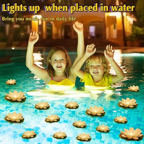 Miniatura 3 de Liliful 36 luces flotantes de loto, flores flotantes artificiales realistas para piscina con luces LED, almohadillas de lirio a pilas, faroles de
