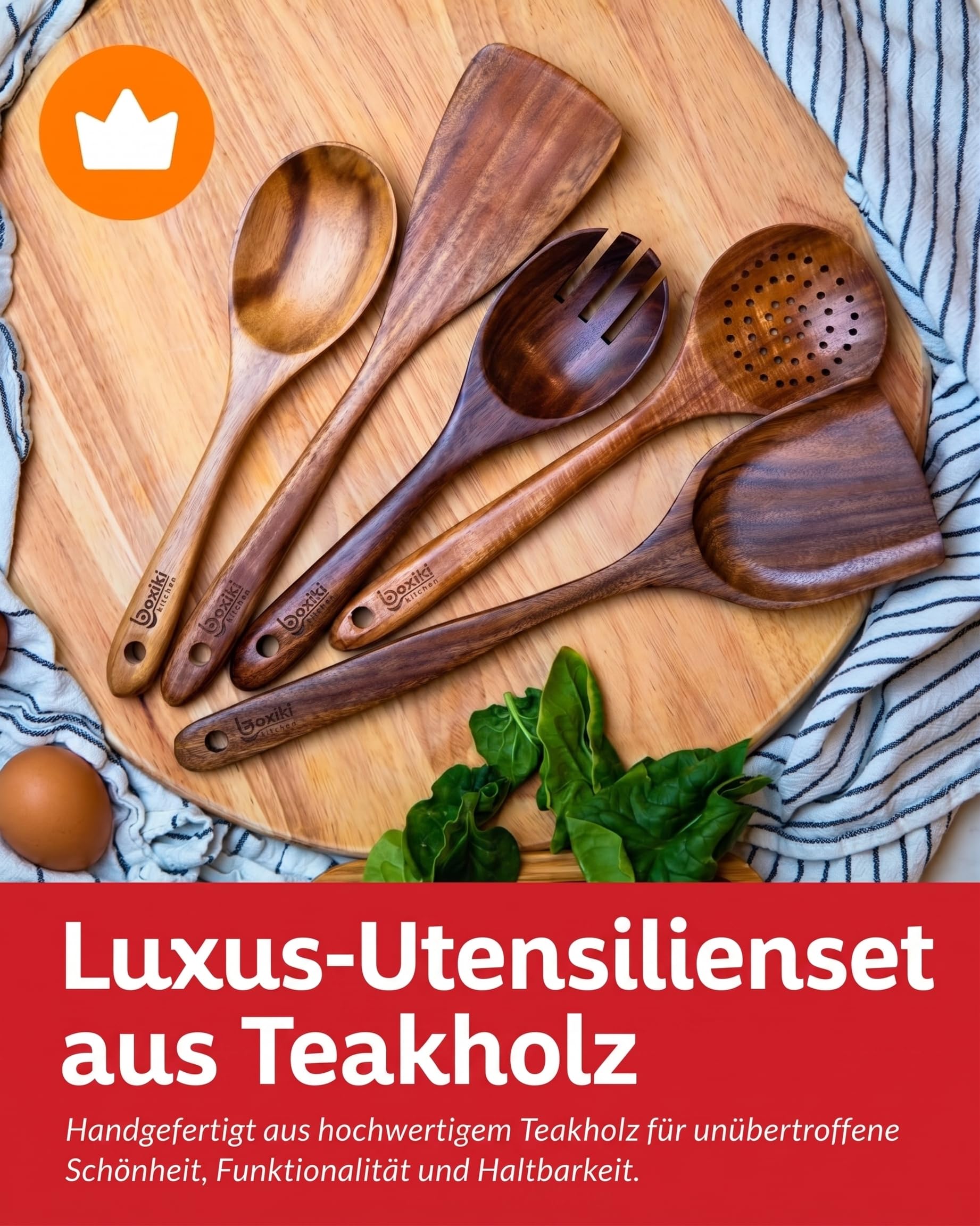 Boxiki Kitchen 6-tlg. Küchenlöffel-Set aus Teakholz - Robust und Glatt, Holzutensilien für den täglichen Gebrauch, Antihaft-Pfannenlöffel und Spatel-Set