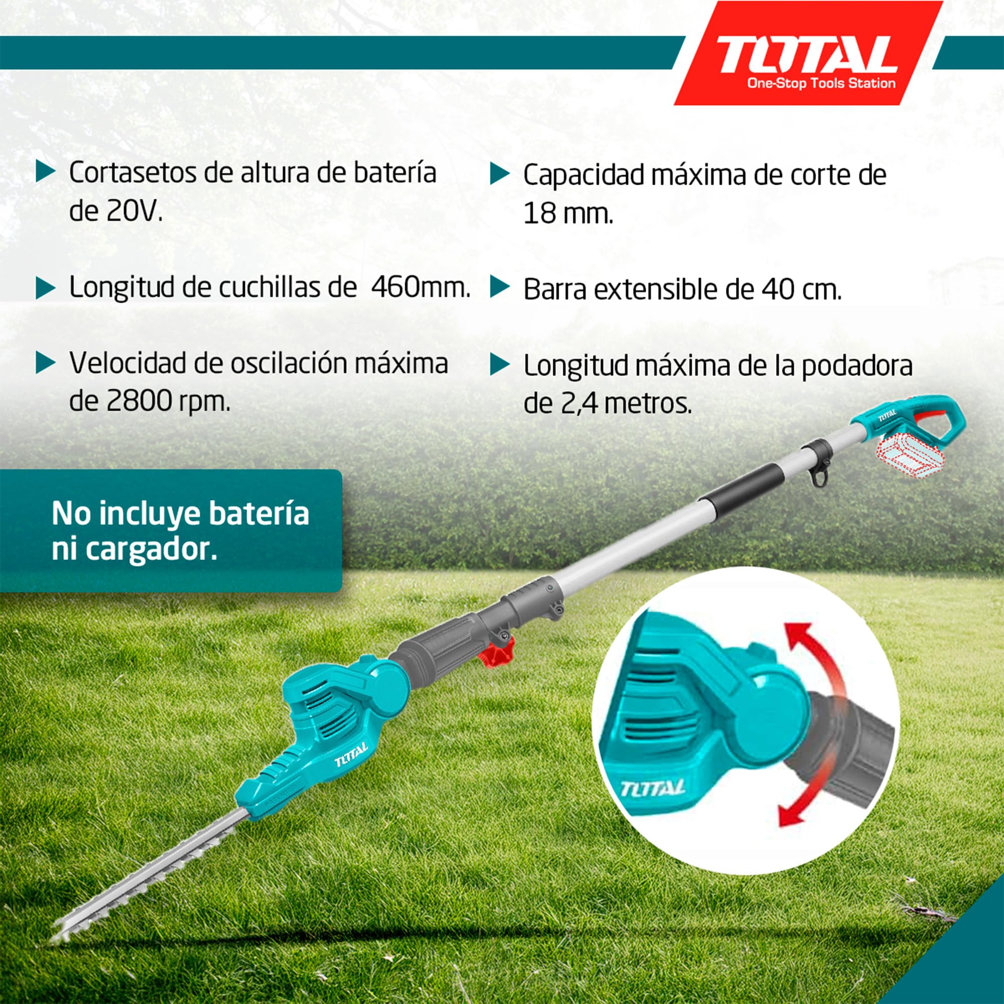 TOTAL Cortasetos de Altura a Batería, Batería de 20V de Larga Duración, Ligero, Cómodo de Usar: Cabezal Giratorio y Barra Extensible, Corte preciso, Gran Alcance: 2.4,