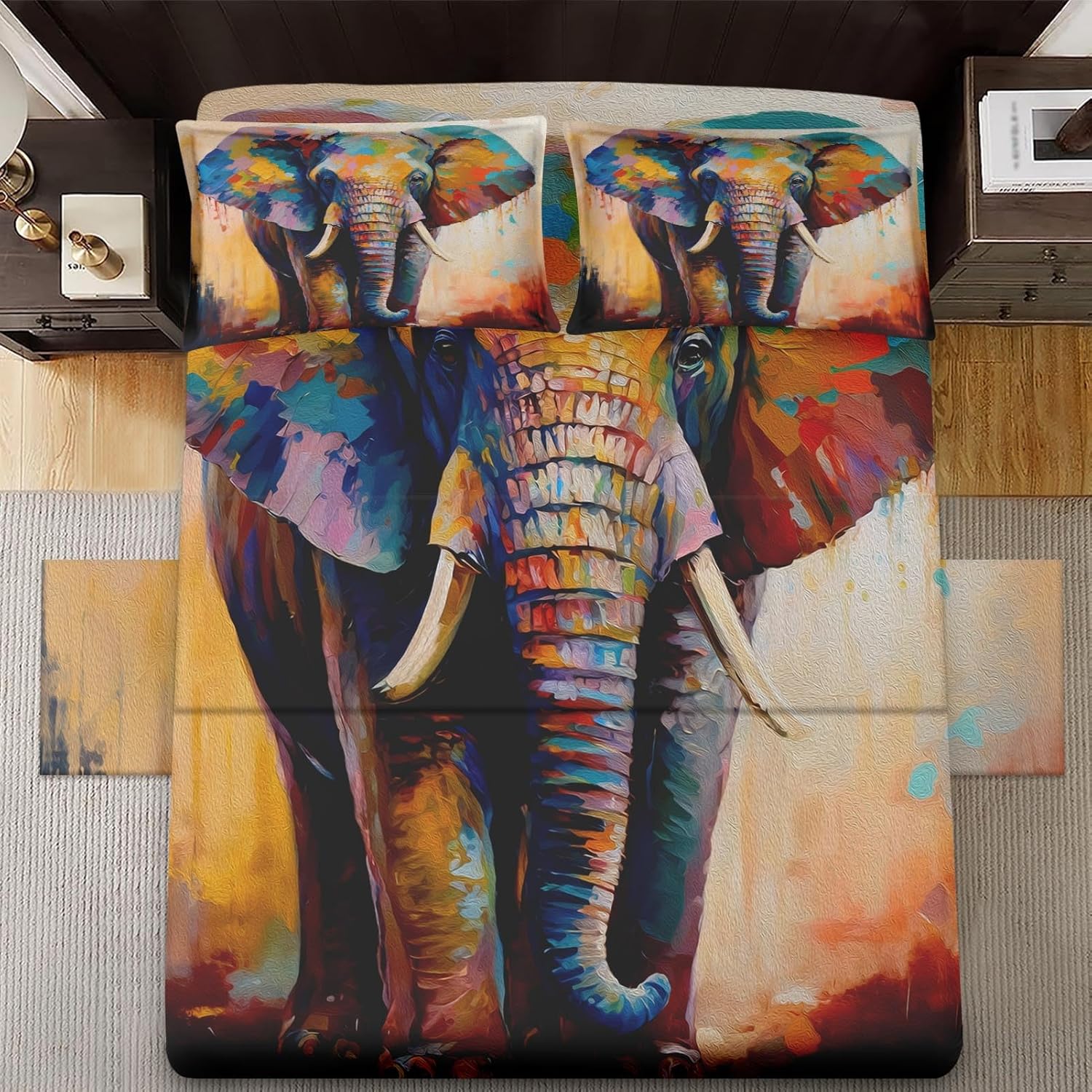 WeCozy Twin Size 3 Pcs Bed Fitted Sheet Set with 14" Deep Pocket, Painting Colorful Elephant Flat Sheet Set for Kids and Adults, Wildlife Animal Bedding with Pillowcase for Bedroom Decor