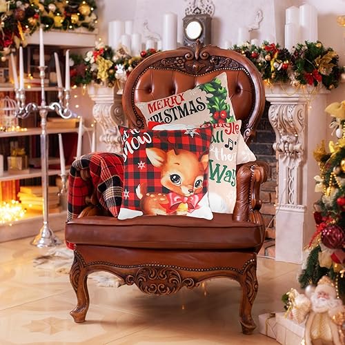 Miniatura 7 de LOMIMOS 4 fundas de almohada de Navidad, 17 x 17 pulgadas, muñeco de nieve, Papá Noel, Else, decoración para el hogar, sofá, dormitorio, balcón