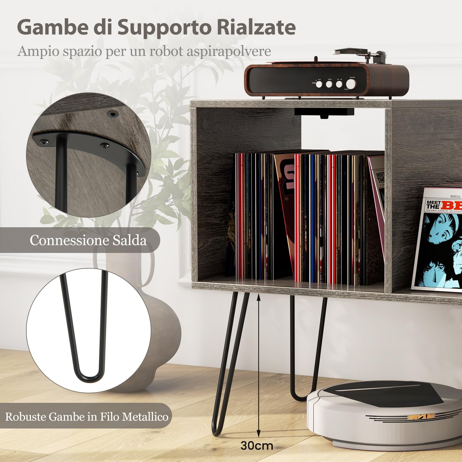 COSTWAY Supporto per Giradischi con Presa di Corrente, Espositore per Dischi con Presa di Corrente e Porta USB, Capacità Fino a 145 Album, per Soggiorno e Camera da Letto, 66 x 45 x 67 cm (Grigio)