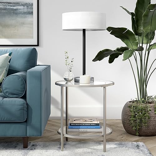Miniatura 6 de Henn&Hart Mesa auxiliar redonda de 20 pulgadas de ancho con estante de vidrio en níquel satinado, mesa para sala de estar, dormitorio