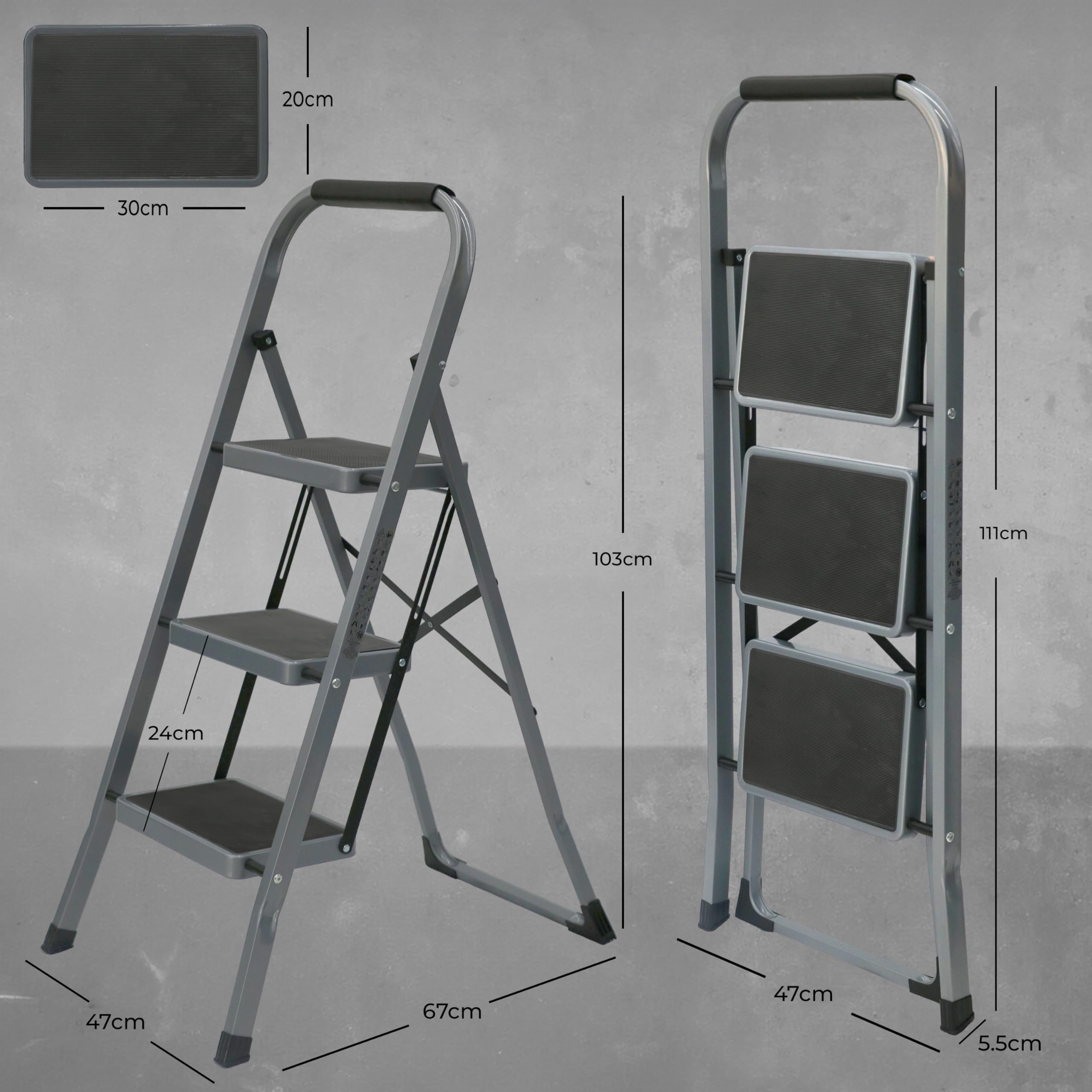 UZIRO Escalera Plegable 3 Peldaños -Estructura de Acero y Peldaño Antideslizante - Asa Superior de Goma - Escaleras Plegables Domésticas - Step Ladder para Hogar (Gris, 3 Peldaños)