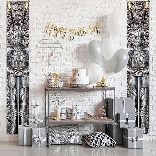 Miniatura 5 de Cartel de fondo de la cubierta de la puerta del caballero articulado del traje de armadura del castillo, decoración de puerta con tema medieval para