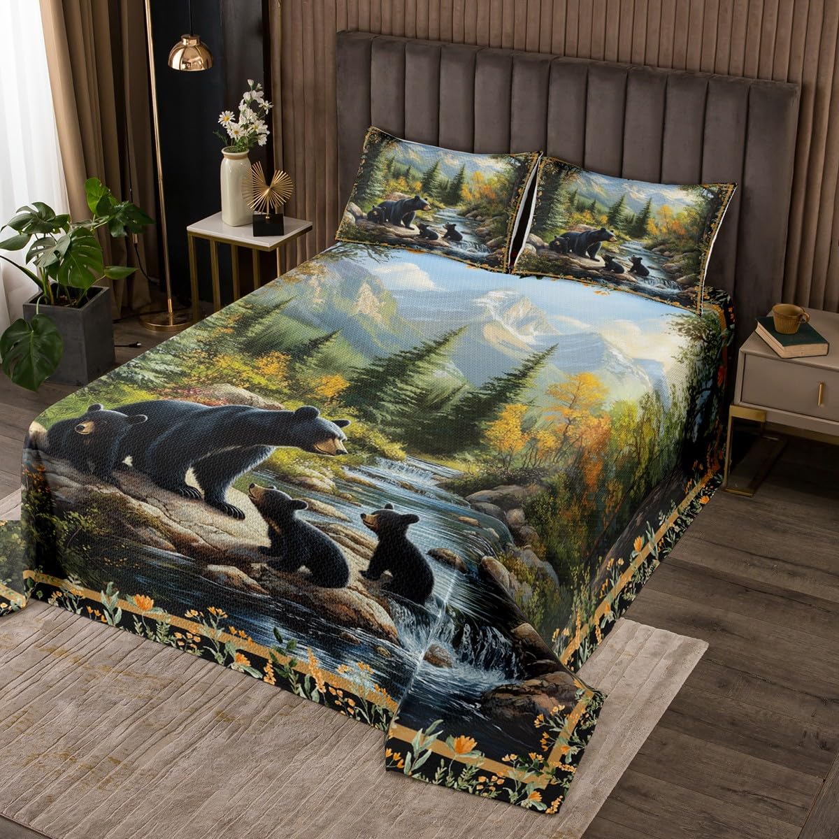 Black Bear Kids Bedspread Queen Size,Pine Trees Plant Lake House Coverlet Set,Boys Girls Room Decor,Bear Wild Animals Adventure Quilted Coverlet,Rustic Farmhouse Retro Bedding Quilt,2 Pillowcases