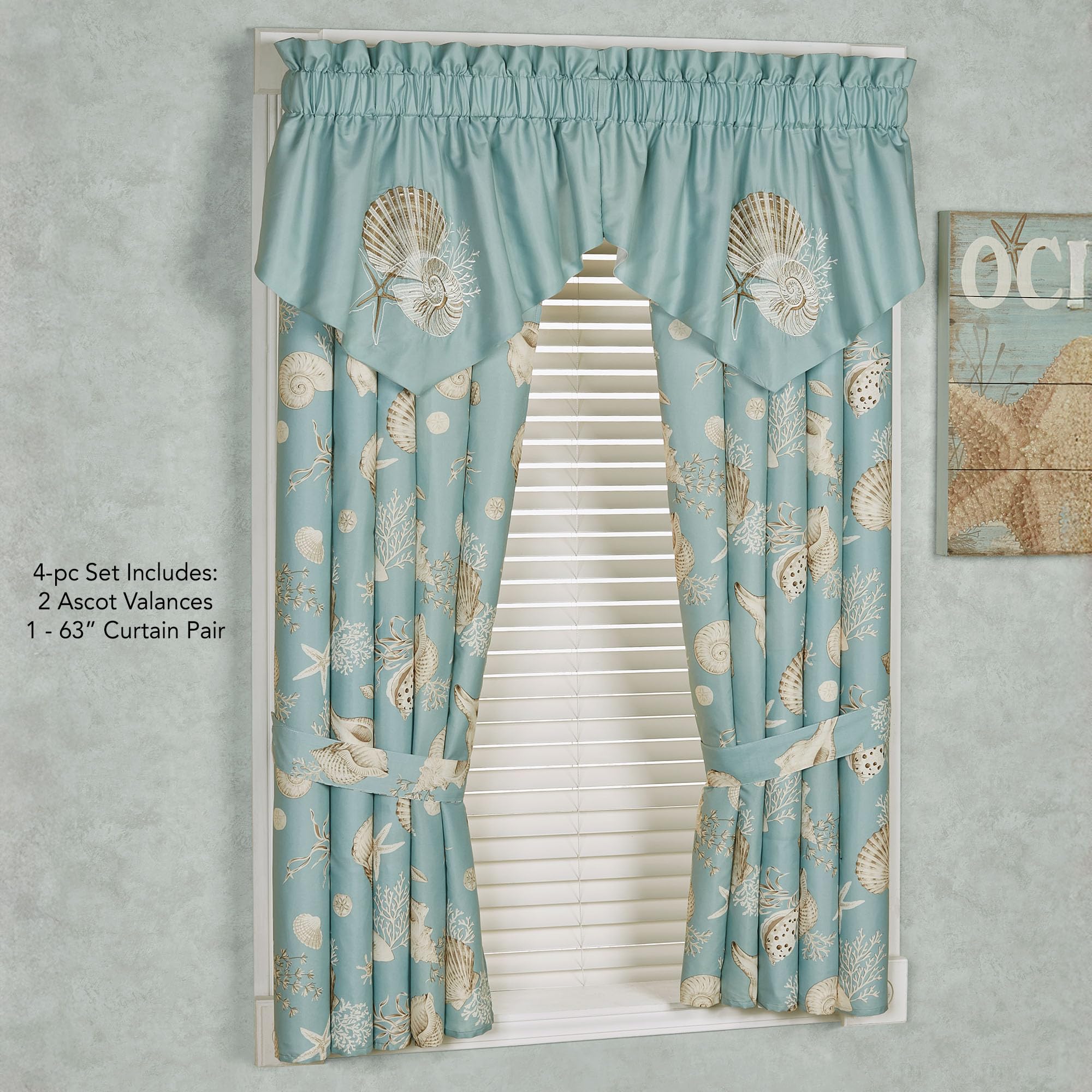 Seabreeze Coastal Ocean Beach Polyester Microfiber Lined Window Treatment | Shell Starfish Coral Stripe | Aqua Teal Ivory Cream | 4 Pc Set: 2 Ascot Valances, 63L Curtain Pair | Panels Drapery