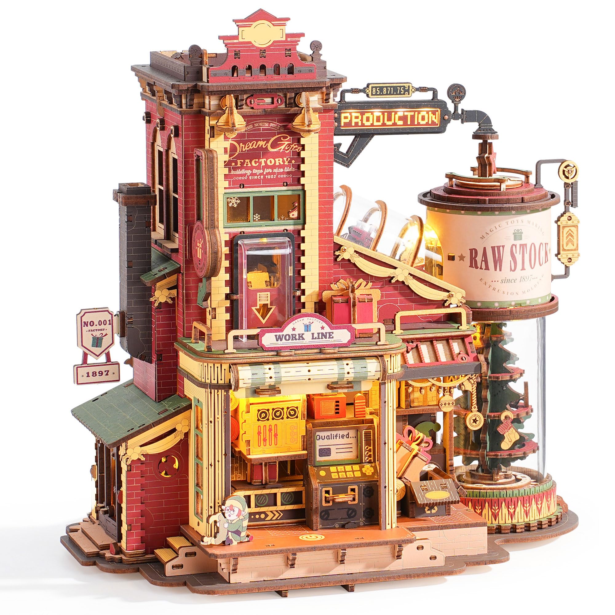 ROBOTIME Zestawy puzzle 3D, drewniane modele do budowy dla dorosłych - retro, vintage, zabawka, produkcja, rzemiosło, zestaw do budowania modeli z muzyką, światłami i 5 elfami dla dzieci, fabryka