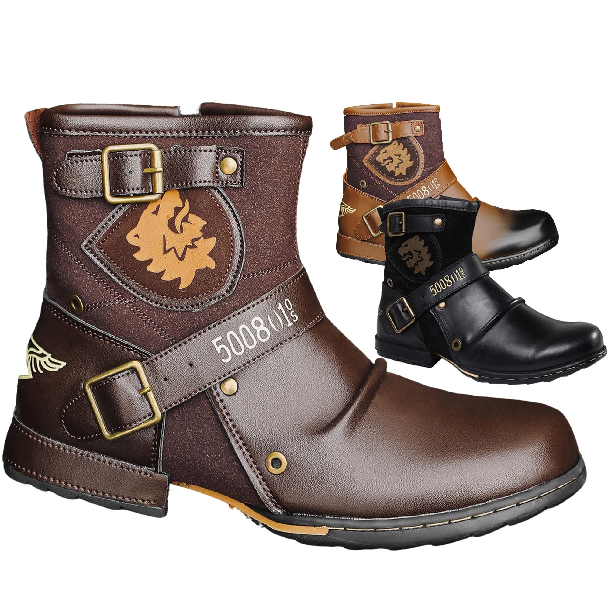 RenDiuJups Motorradstiefel Herren Knöchelhohe Lederstiefel mit Reißverschluss, wasserdichte Biker Stiefel, Stylische & Robuste Motorradschuhe in Übergrößen, rutschfest(Coffee,45 EU)