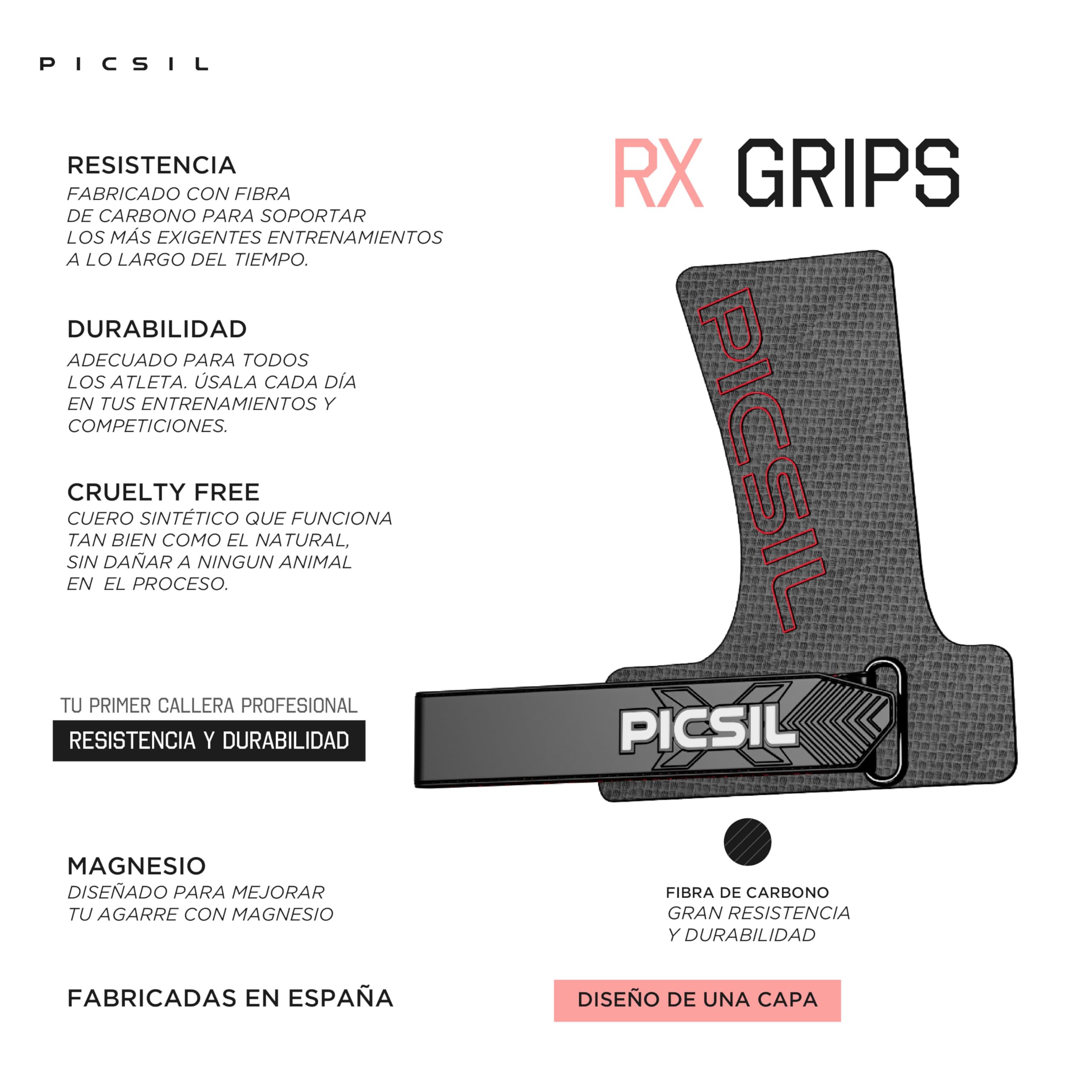 PICSIL - Calleras RX | Material de Fibra de Carbono | Uso con Magnesio | Agarre en Todas Superficies y Tipo de Barras | Diseñadas para Todos los Atletas