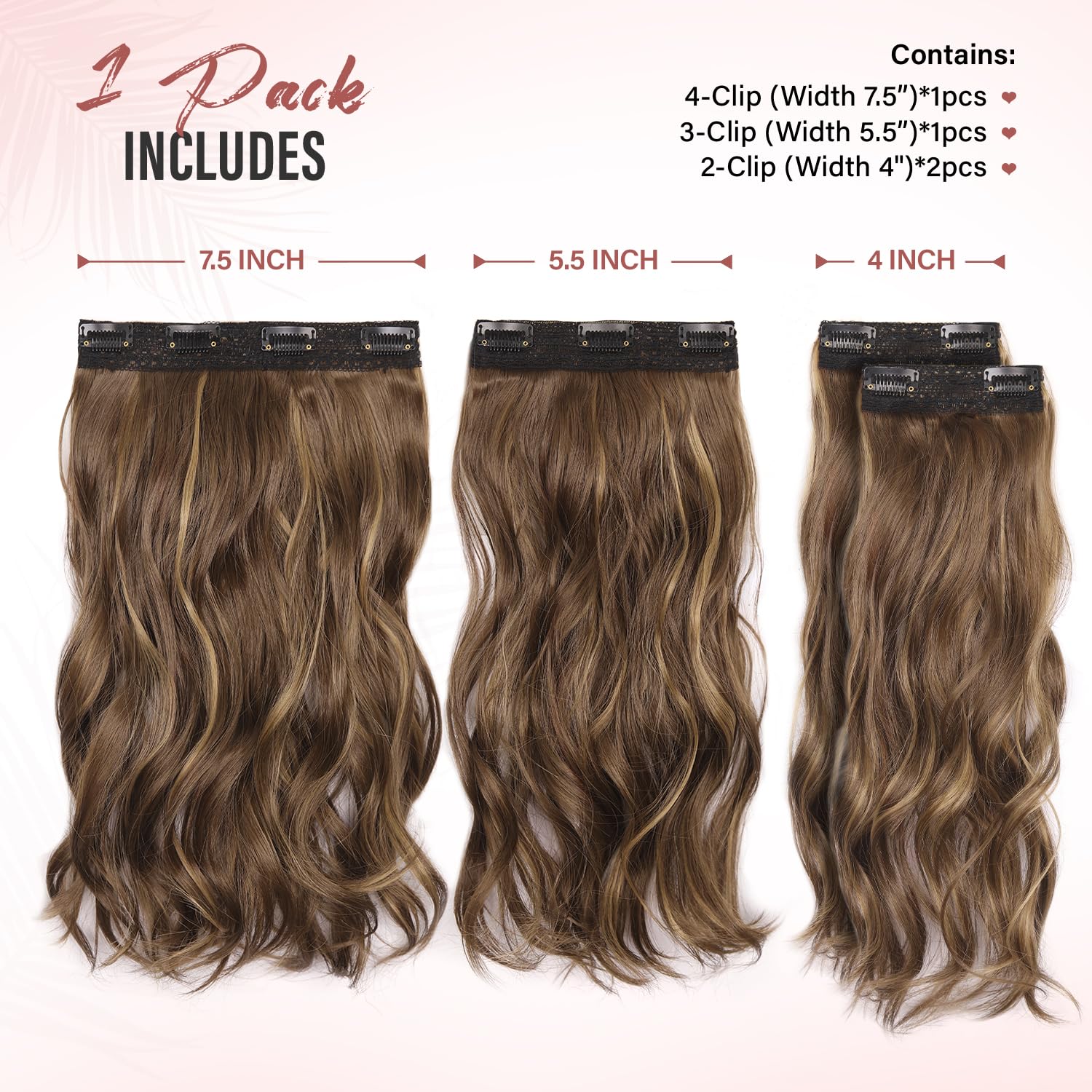 Hair Extensions Clip In - 14 Inch Wavy Synthetic Clip In Hair Extension (Color: Medium Brown with Honey Blonde Highlights) - Image 2