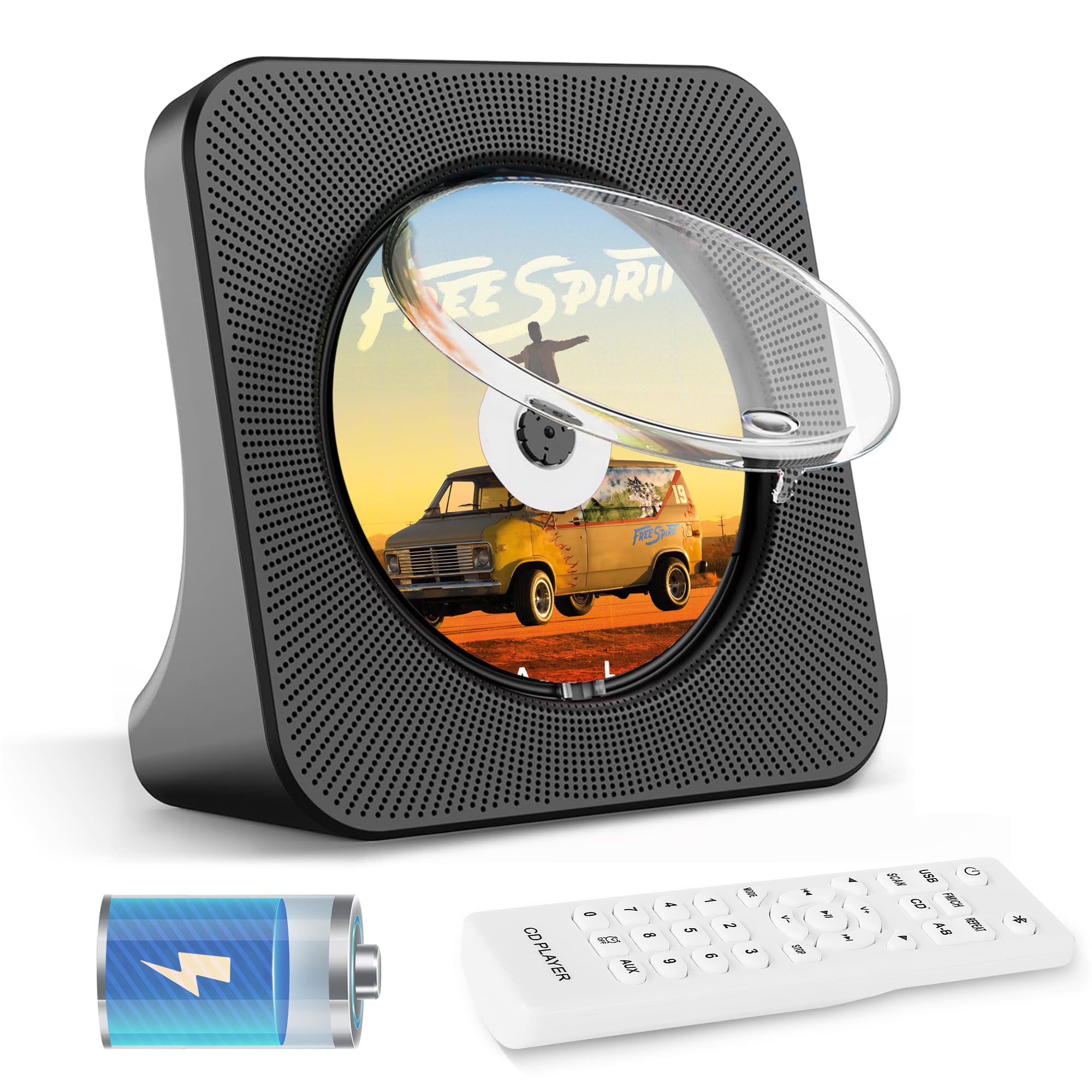 Lecteur CD Portable Bluetooth, 4000mAh Rechargeable pour Voiture, Poste CD HiFi avec télécommande, Connexion USB et AUX, FM Radio, CDs, Noir